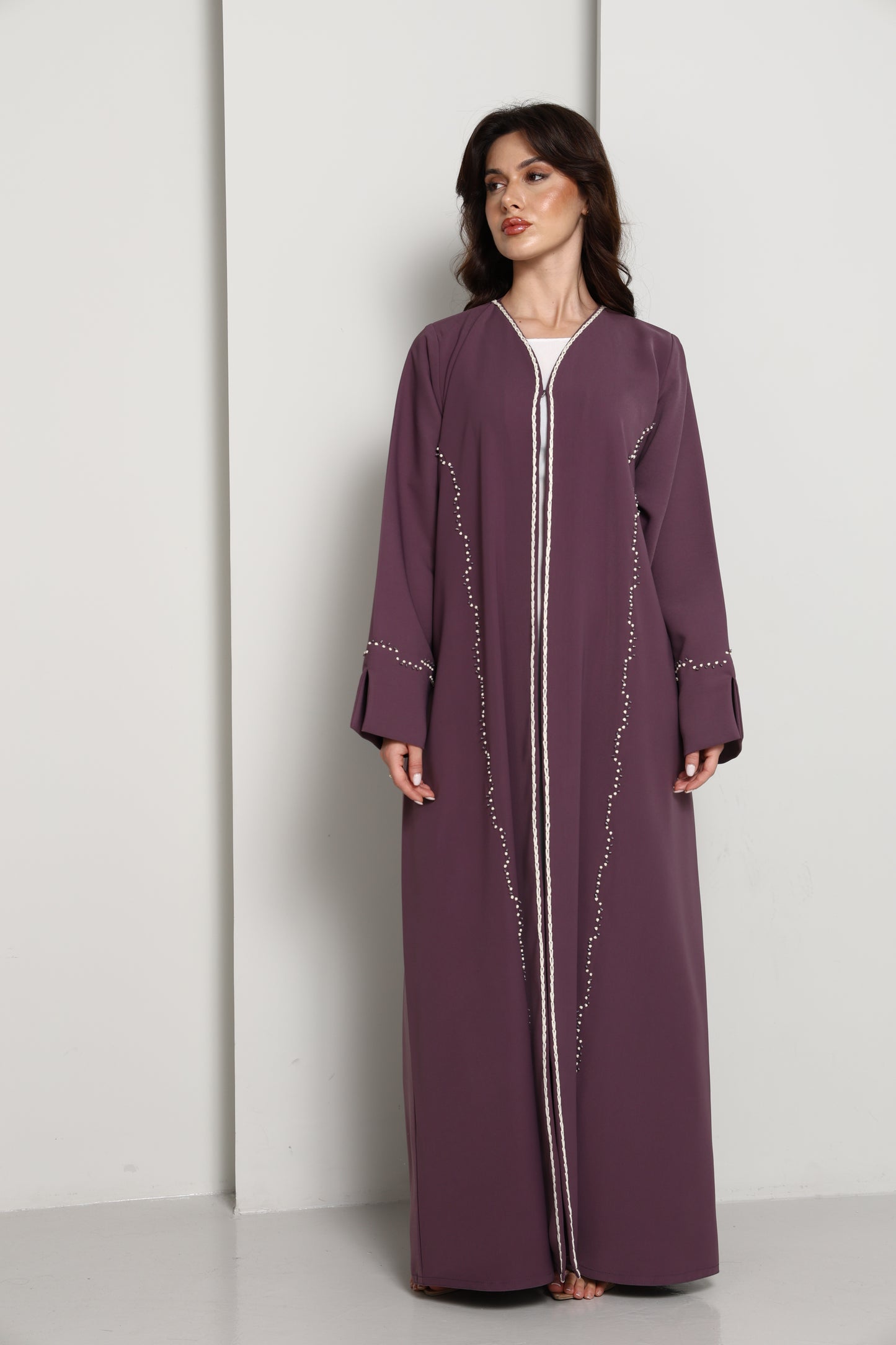 Elegant A-Line Abaya with Thread Work Detailing I Hand-Embellished | Premium Fabric Occasion Wear