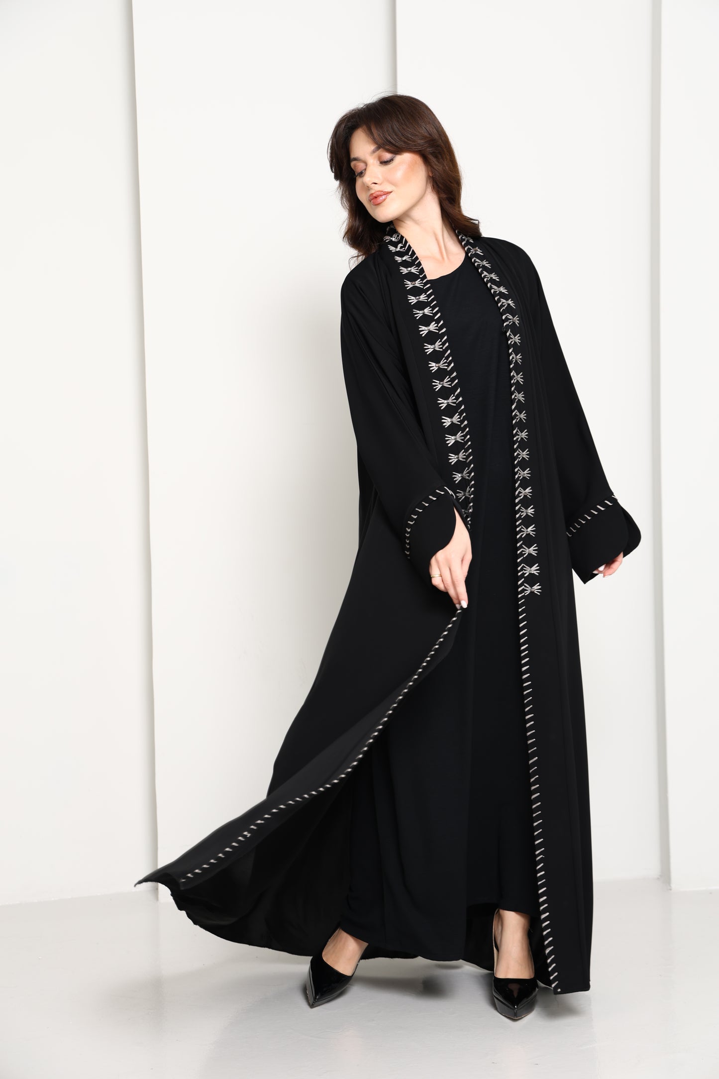 Jet Black Open Abaya with  Contrast Thread Work Front Panels and Sleeves