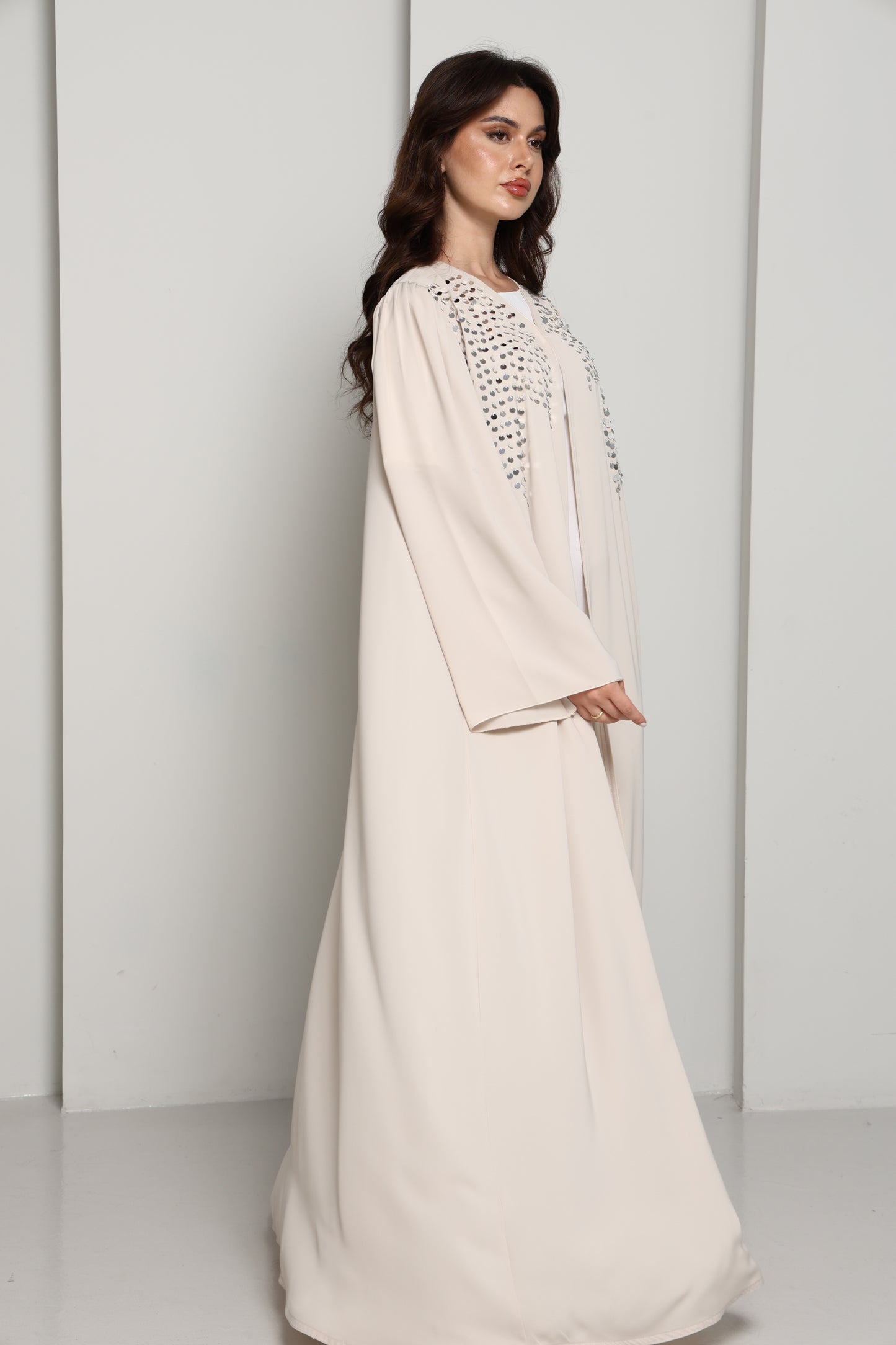 Modern Open Abaya with Silver Sequin Handwork | Premium Fabric Cream Edition