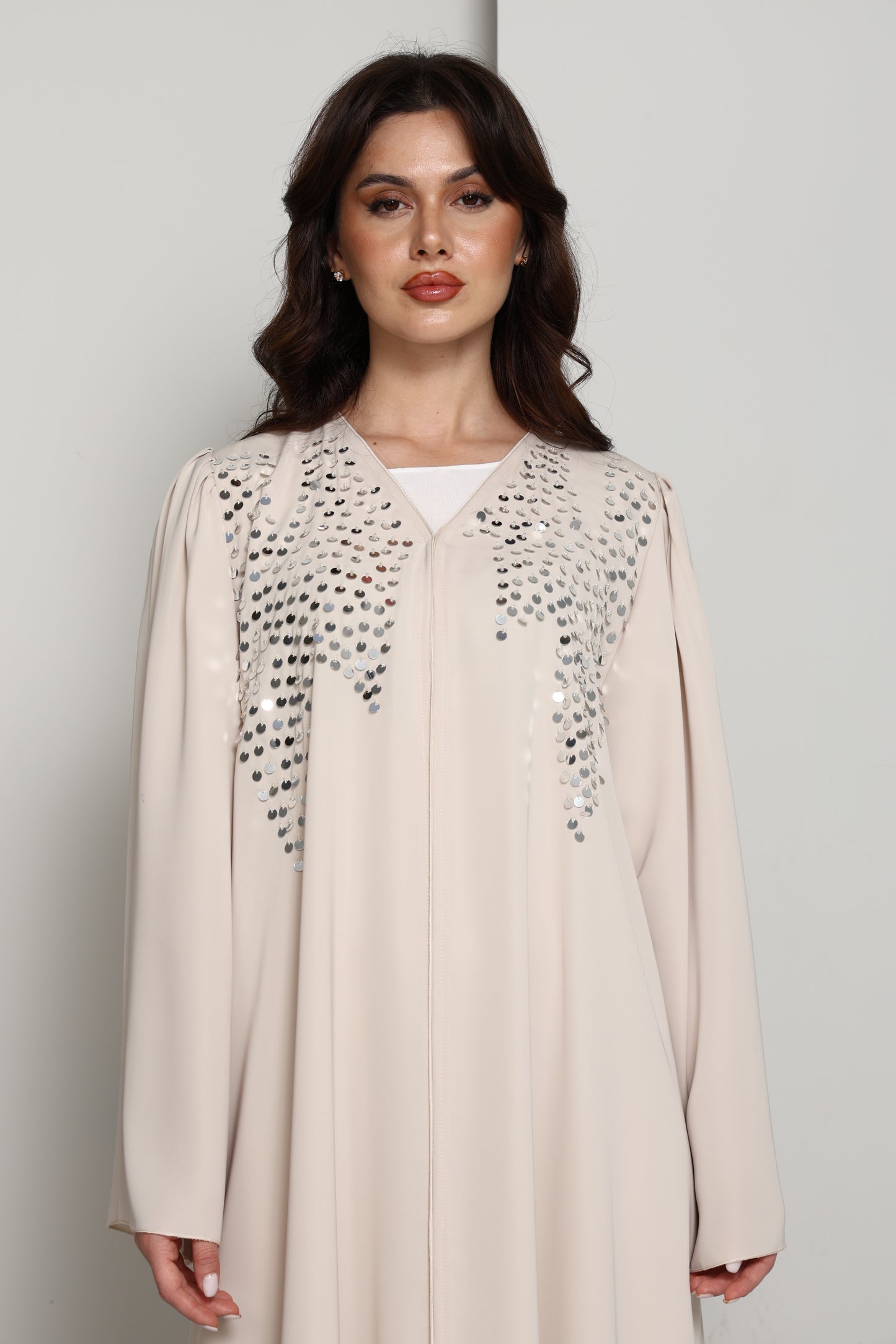 Modern Open Abaya with Silver Sequin Handwork | Premium Fabric Cream Edition