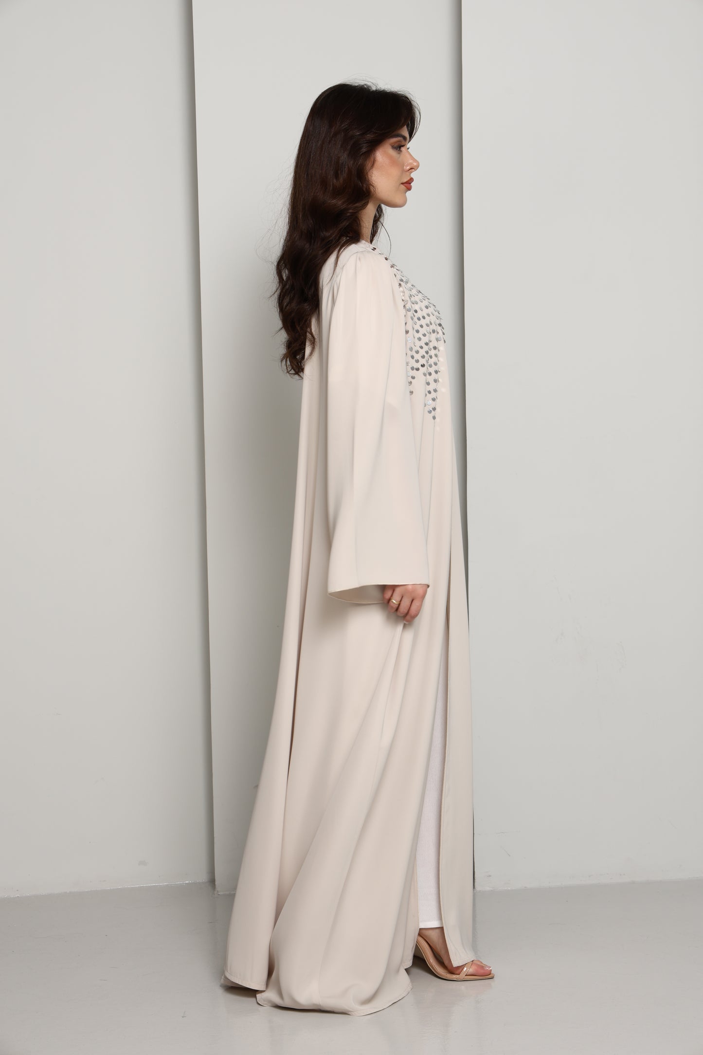 Modern Open Abaya with Silver Sequin Handwork | Premium Fabric Cream Edition