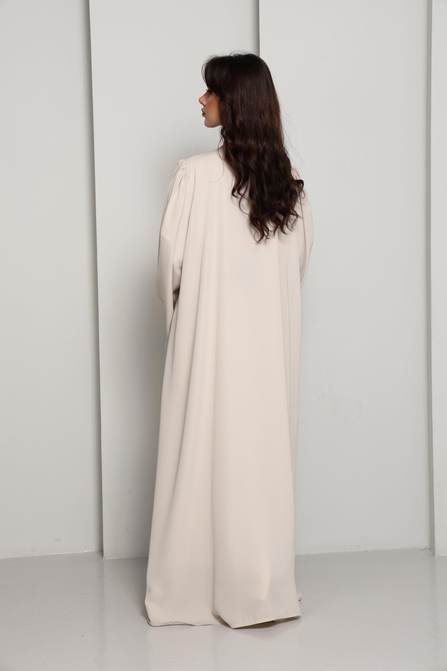 Modern Open Abaya with Silver Sequin Handwork | Premium Fabric Cream Edition