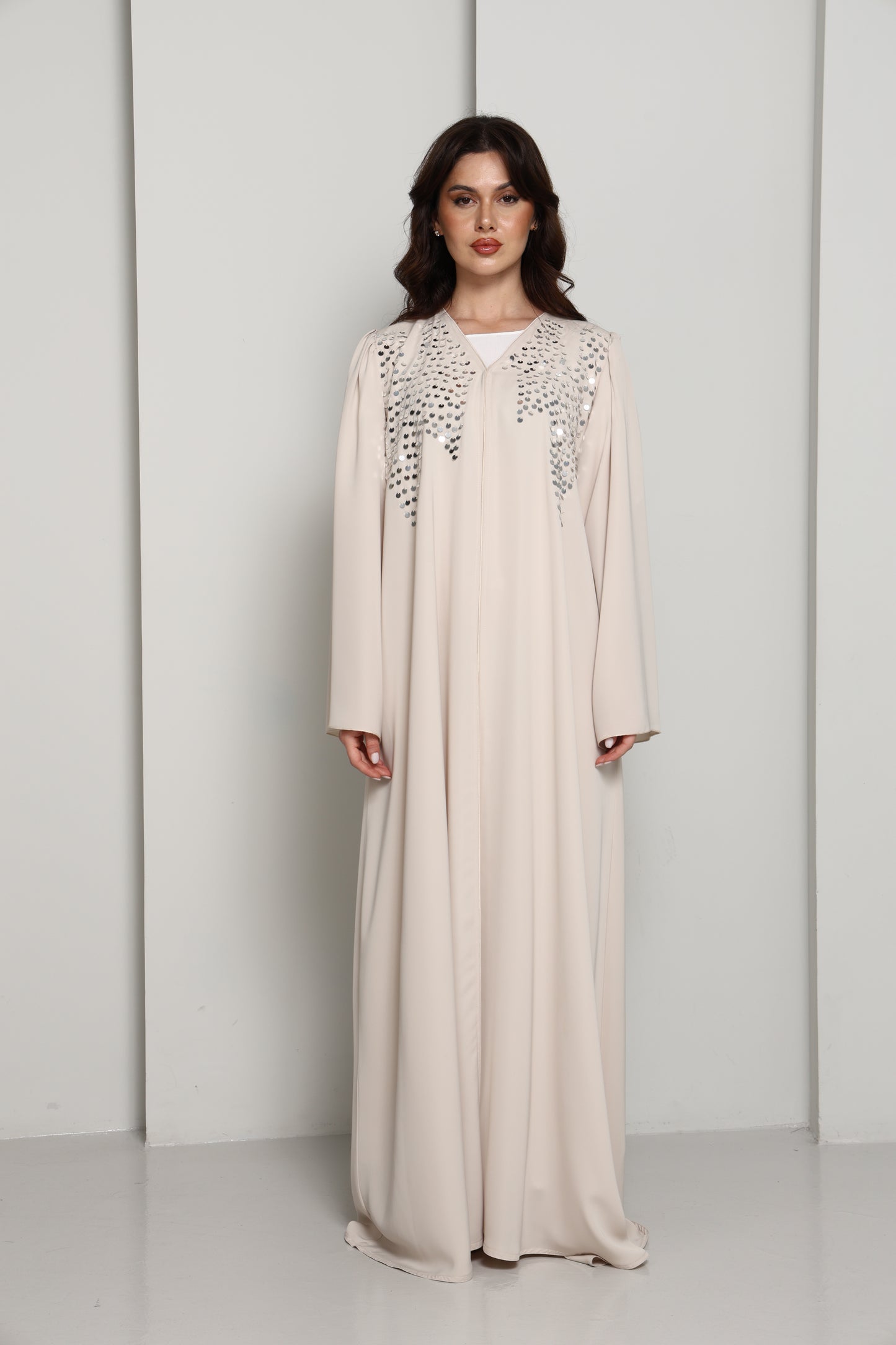 Modern Open Abaya with Silver Sequin Handwork | Premium Fabric Cream Edition