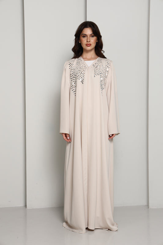 Modern Open Abaya with Silver Sequin Handwork | Premium Fabric Cream Edition