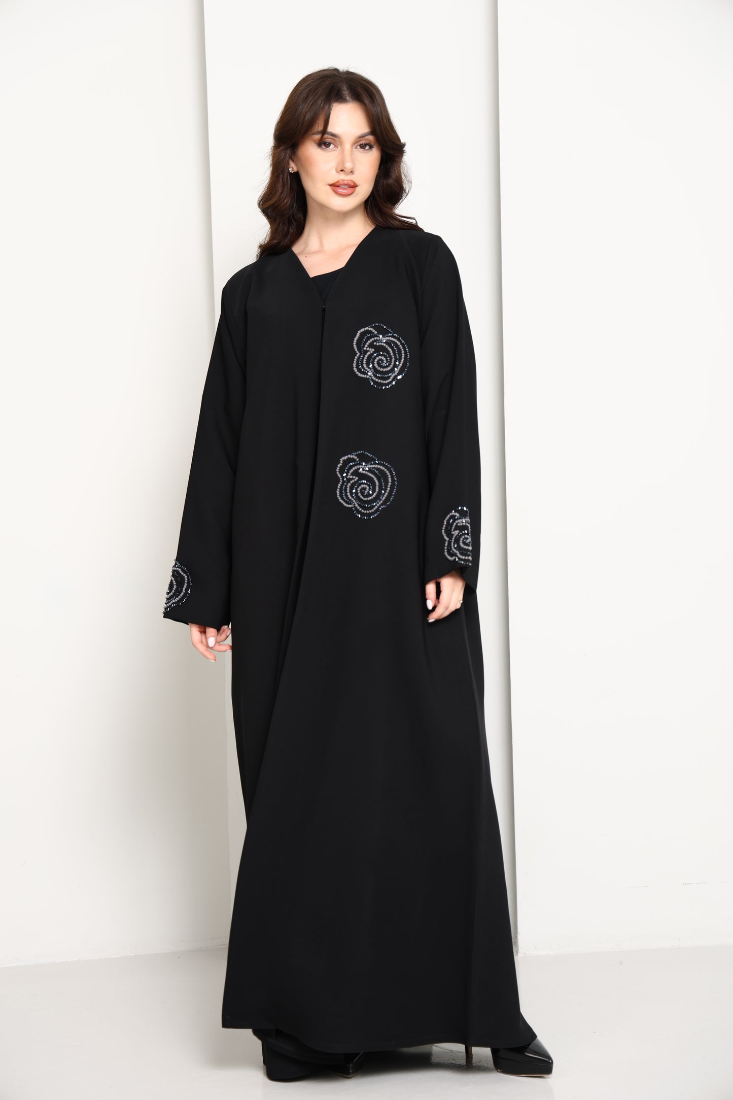 Jet Black Abaya with Hand-Placed Crystal Swirls