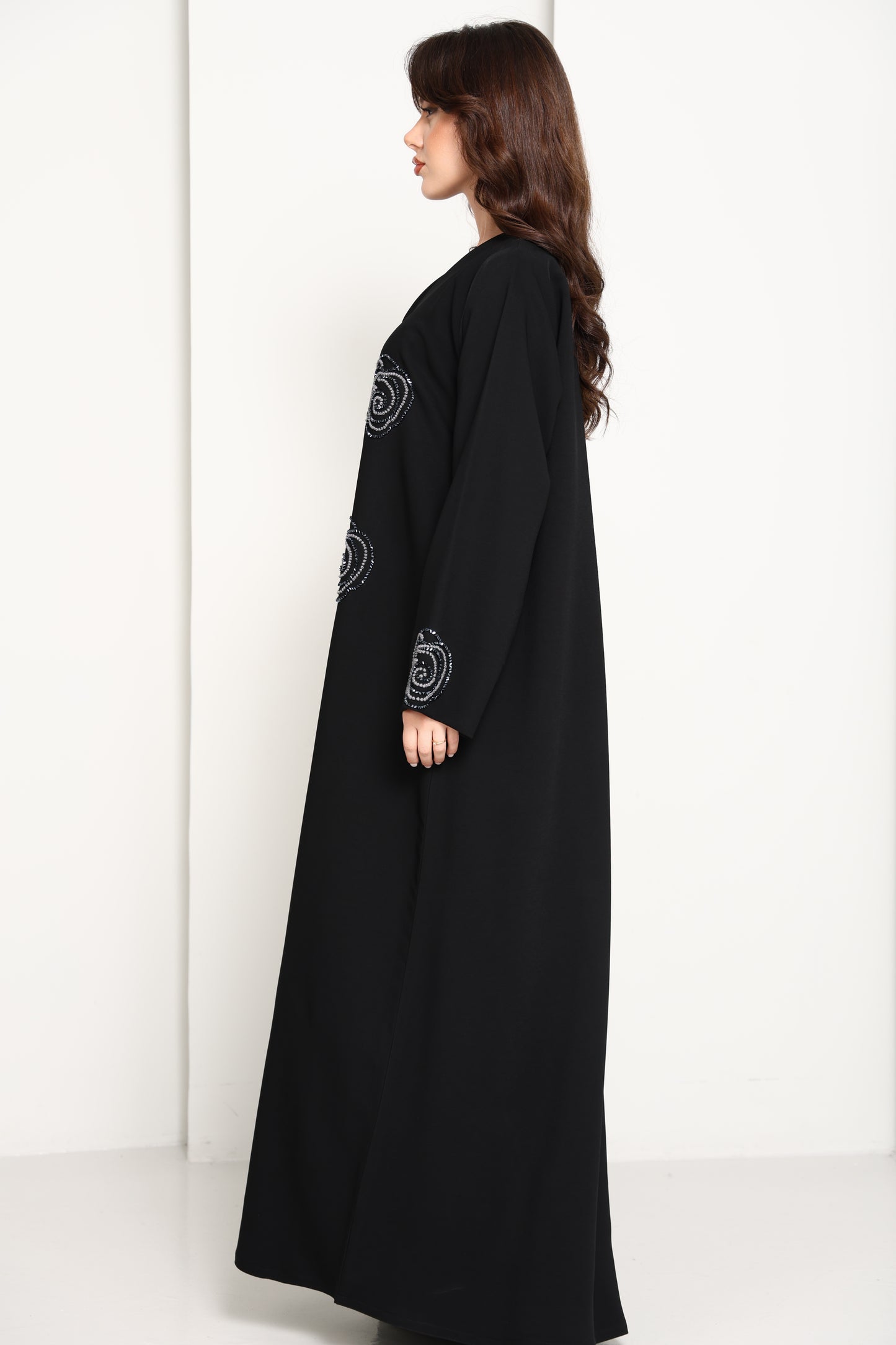 Jet Black Abaya with Hand-Placed Crystal Swirls