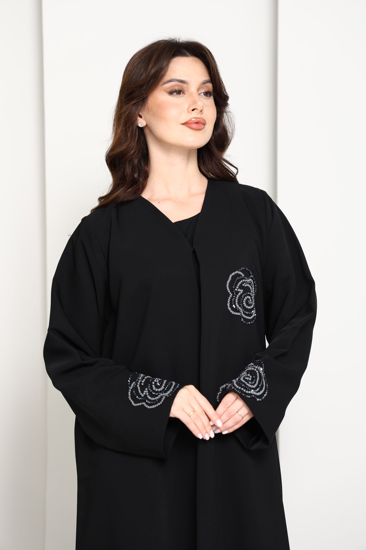 Jet Black Abaya with Hand-Placed Crystal Swirls