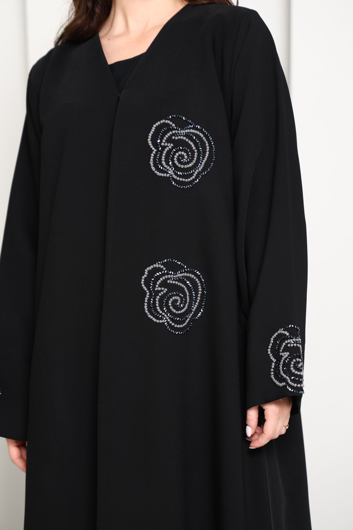 Jet Black Abaya with Hand-Placed Crystal Swirls