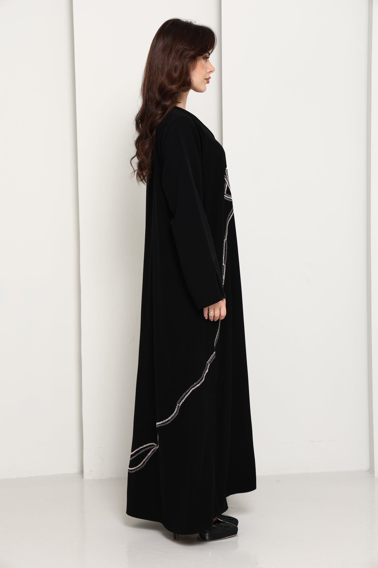 Jet Black Abaya with Asymmetrical Thread-Work