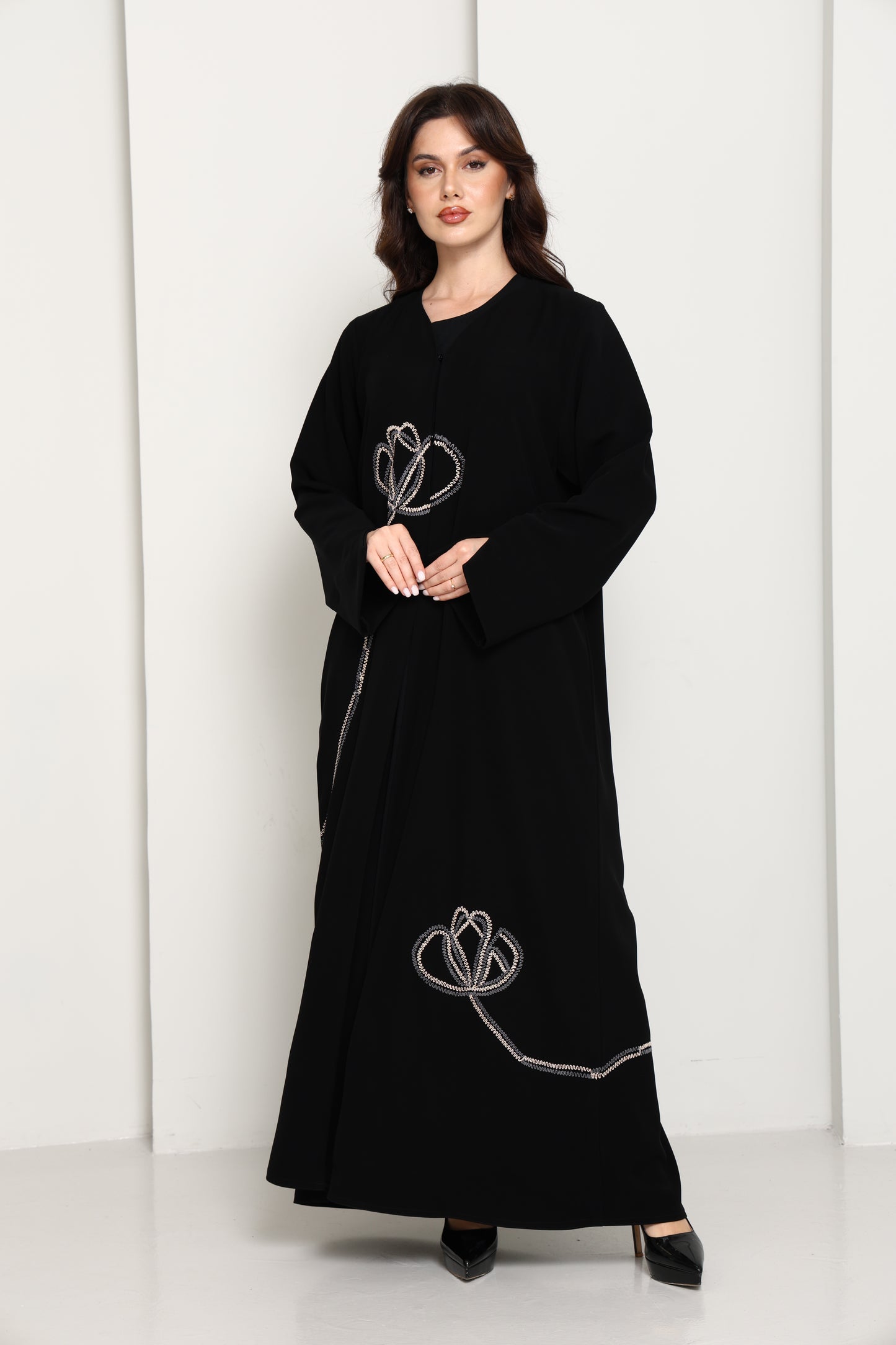 Jet Black Abaya with Asymmetrical Thread-Work