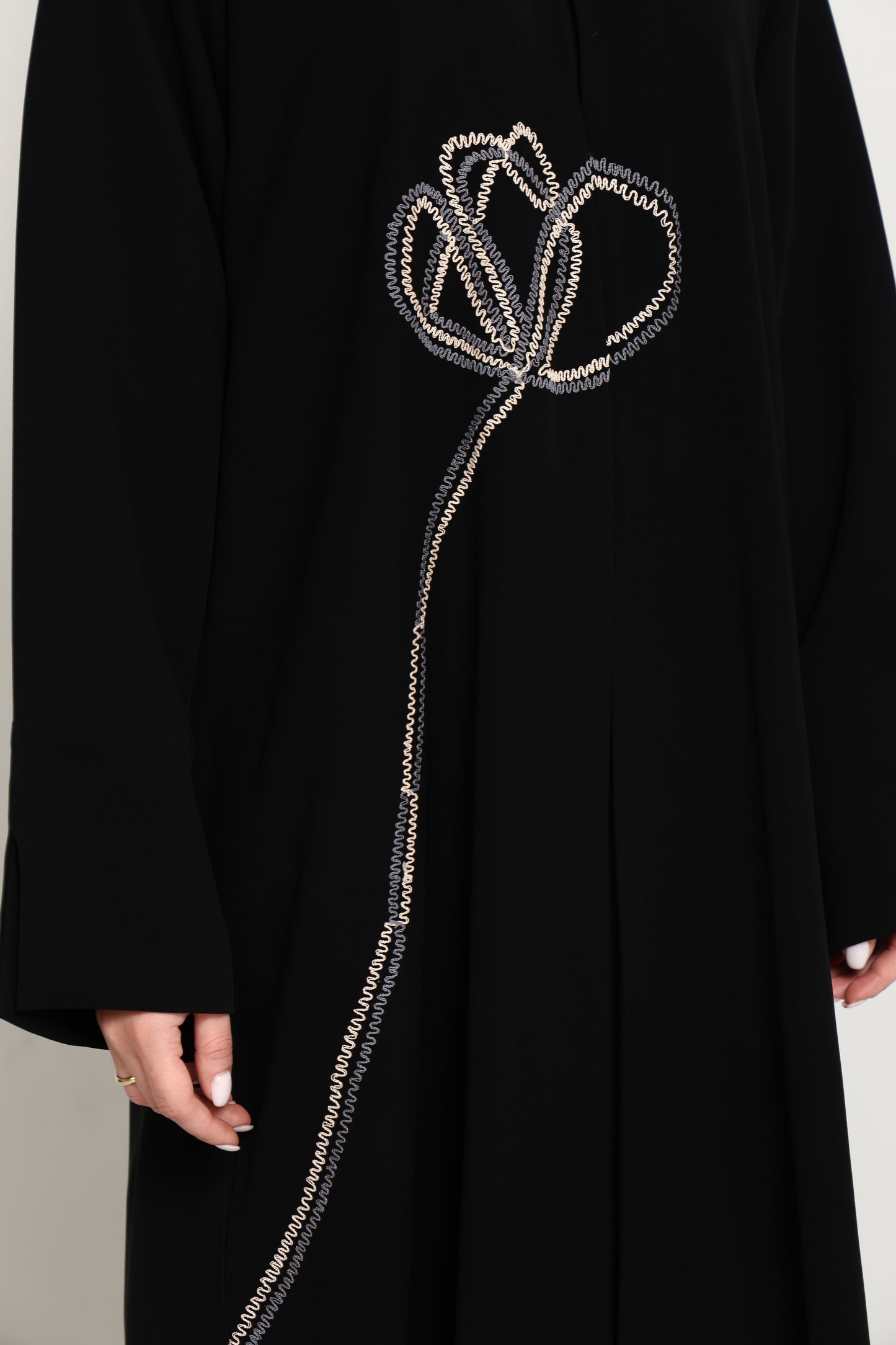 Jet Black Abaya with Asymmetrical Thread-Work