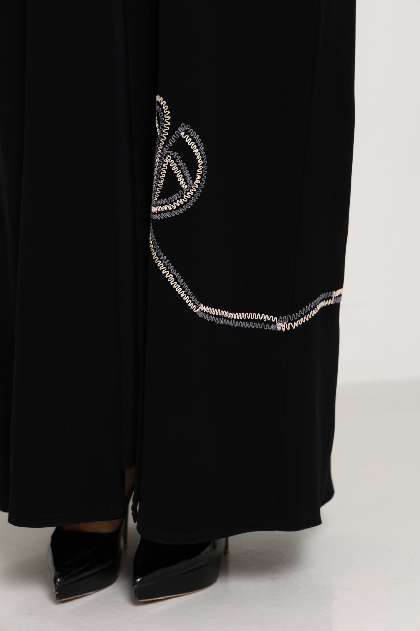 Jet Black Abaya with Asymmetrical Thread-Work