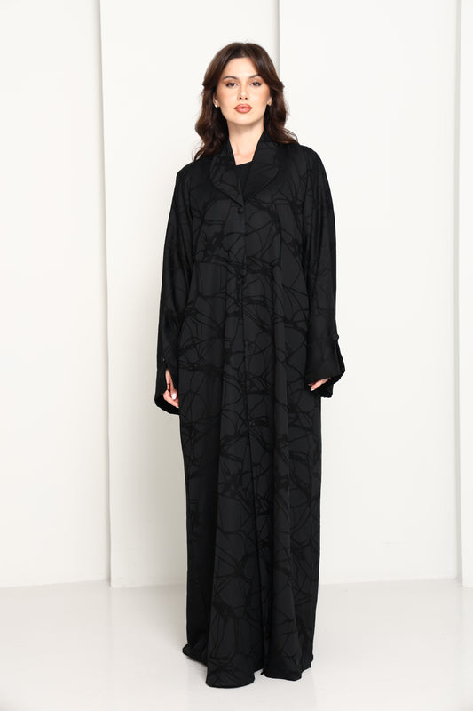 The Executive Jacquard – Structured Blazer-Collar Abaya in Jet Black