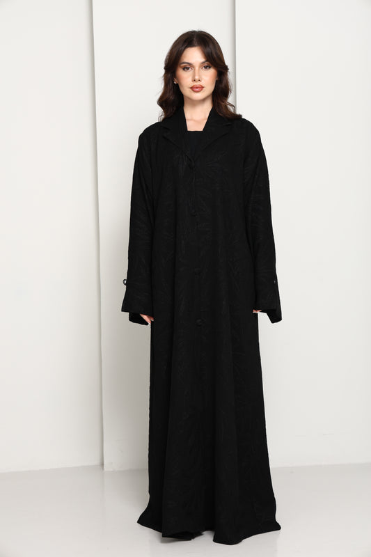 Jet Black Tonal Jacquard Open Abaya with Tailored Lapel