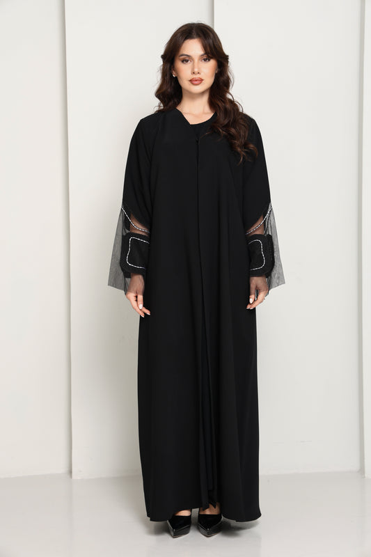 Jet Black Closed Abaya with Sheer Sleeves & Contrast Stitch Cuffs