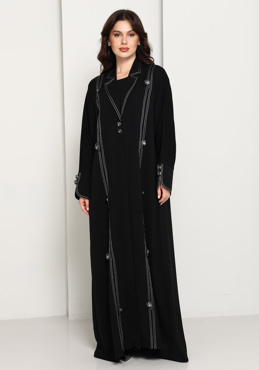 Jet Black Open Abaya with Tailored Lapel & Contrast Stitch Detailing