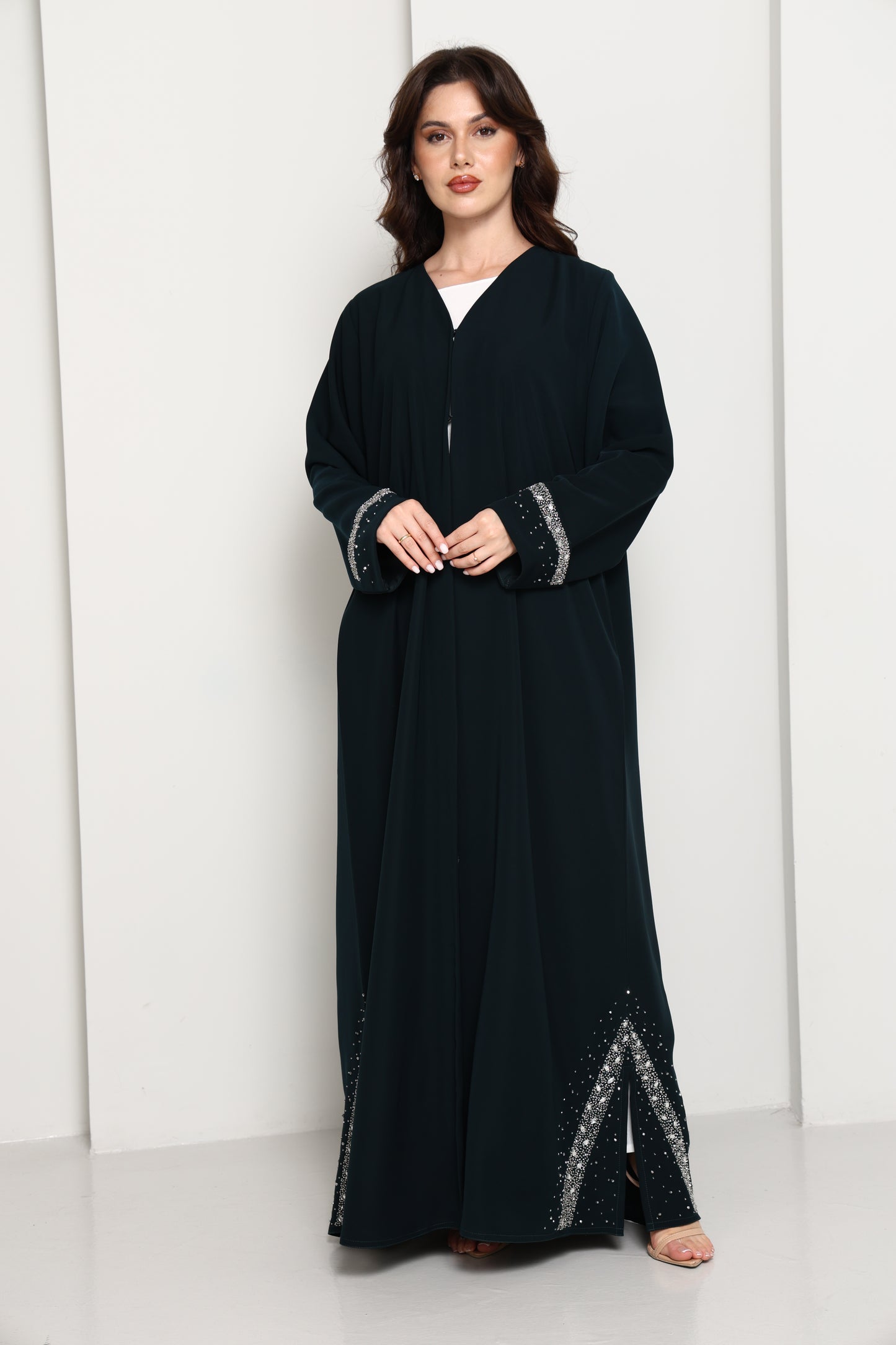 Emerald Celestial Crystal Abaya I Deep Forest Green Open Front Luxury Abaya with Star Scatter Rhinestone Cuffs & Hem