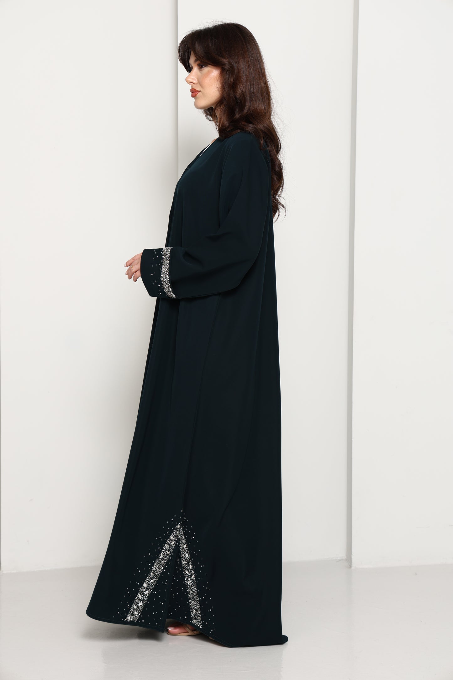 Emerald Celestial Crystal Abaya I Deep Forest Green Open Front Luxury Abaya with Star Scatter Rhinestone Cuffs & Hem