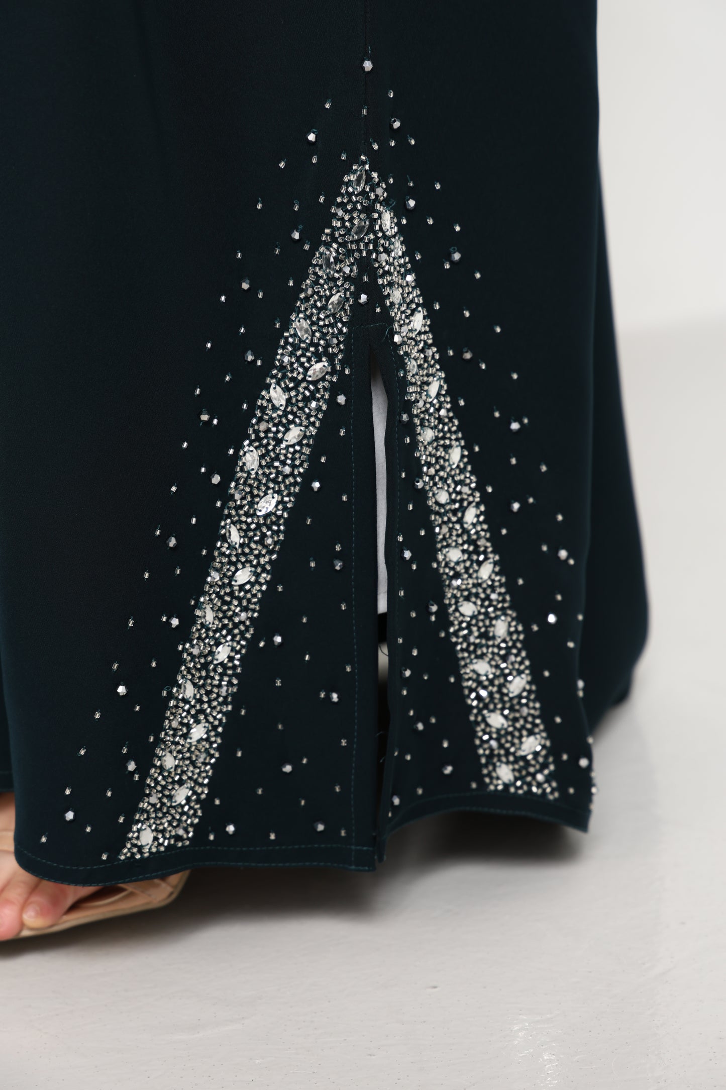 Emerald Celestial Crystal Abaya I Deep Forest Green Open Front Luxury Abaya with Star Scatter Rhinestone Cuffs & Hem