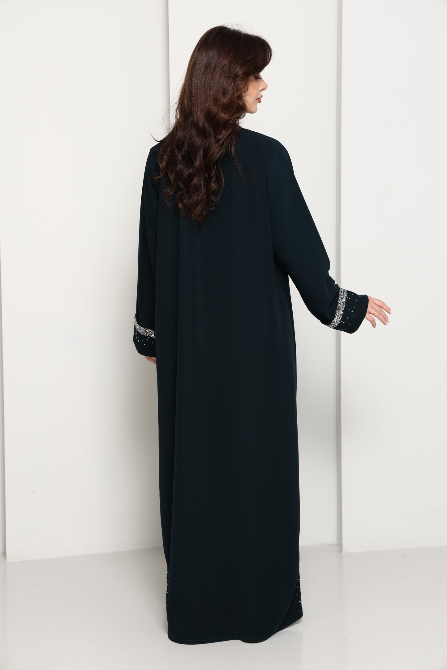 Emerald Celestial Crystal Abaya I Deep Forest Green Open Front Luxury Abaya with Star Scatter Rhinestone Cuffs & Hem