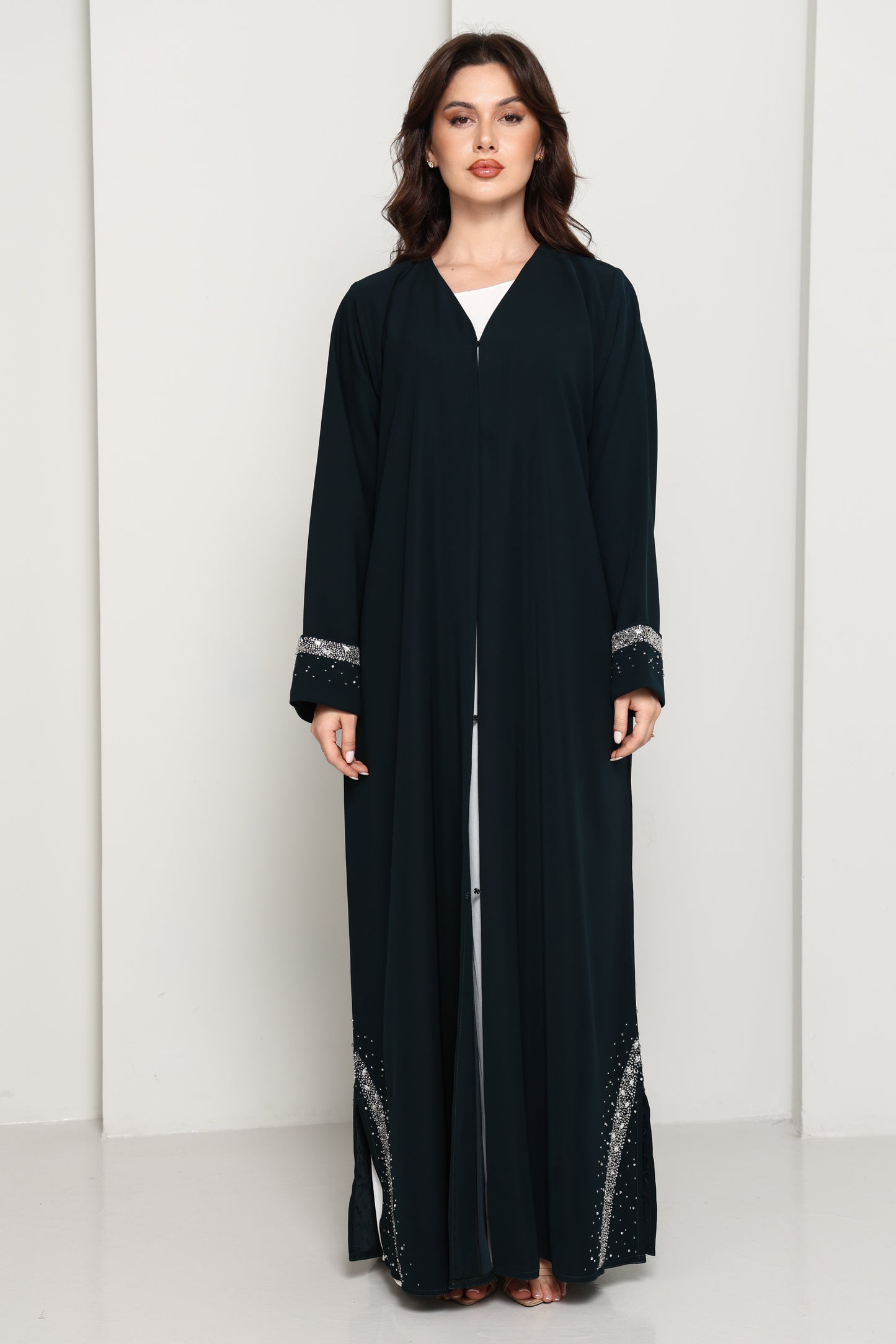 Emerald Celestial Crystal Abaya I Deep Forest Green Open Front Luxury Abaya with Star Scatter Rhinestone Cuffs & Hem