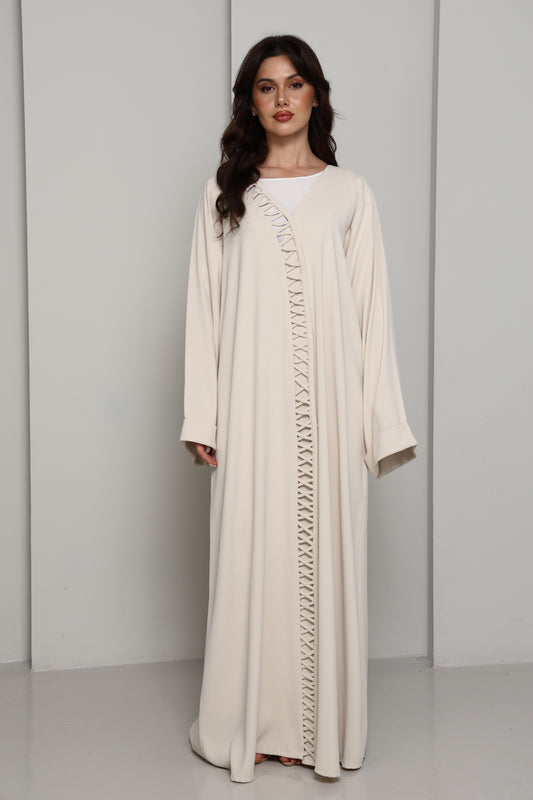 Ivory Open Abaya with Tonal Lattice Front Detailing