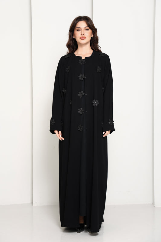 Black Open-Front Luxury Abaya with Tonal Lace Flower Embellishments