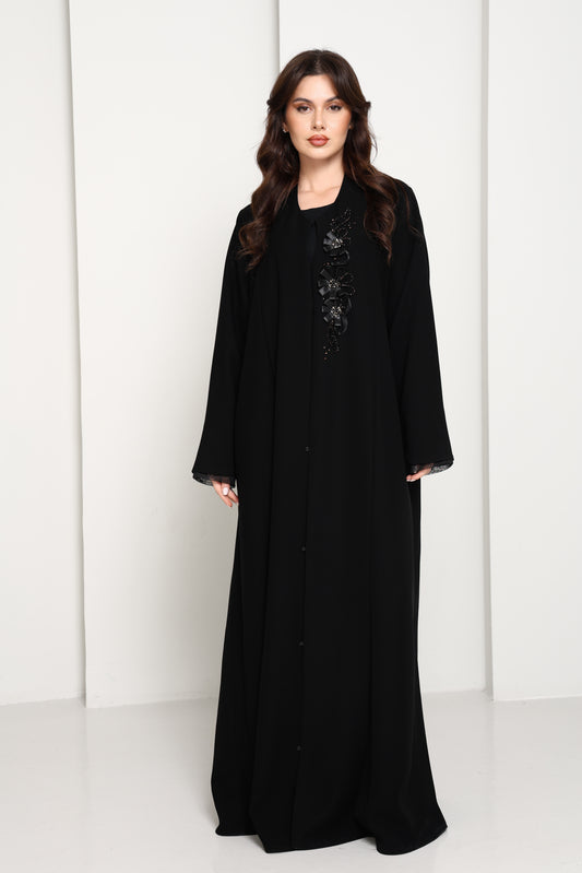Black Open Abaya with Asymmetrical Floral Bead & Ribbon Embellishment