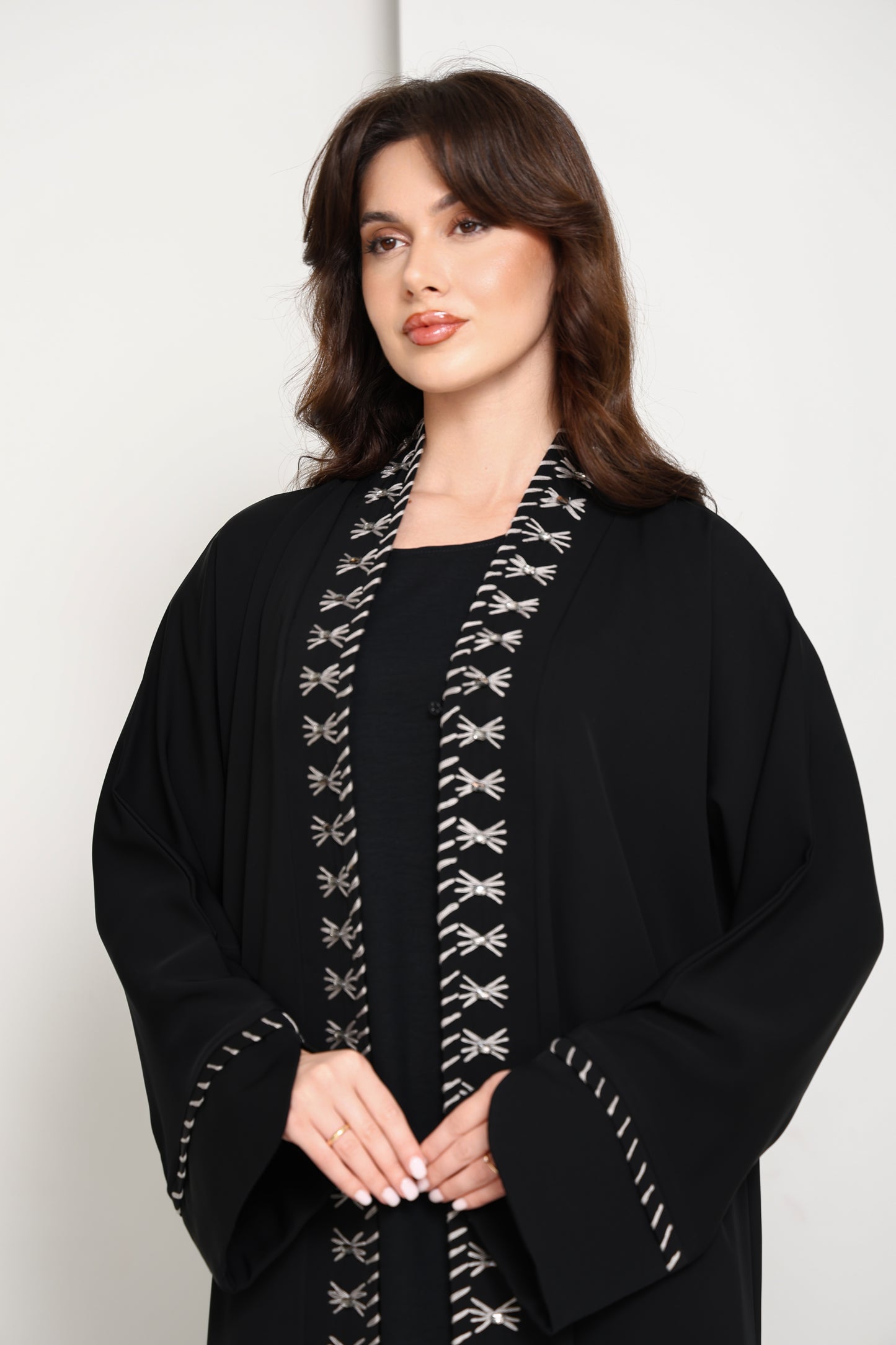 Jet Black Open Abaya with  Contrast Thread Work Front Panels and Sleeves