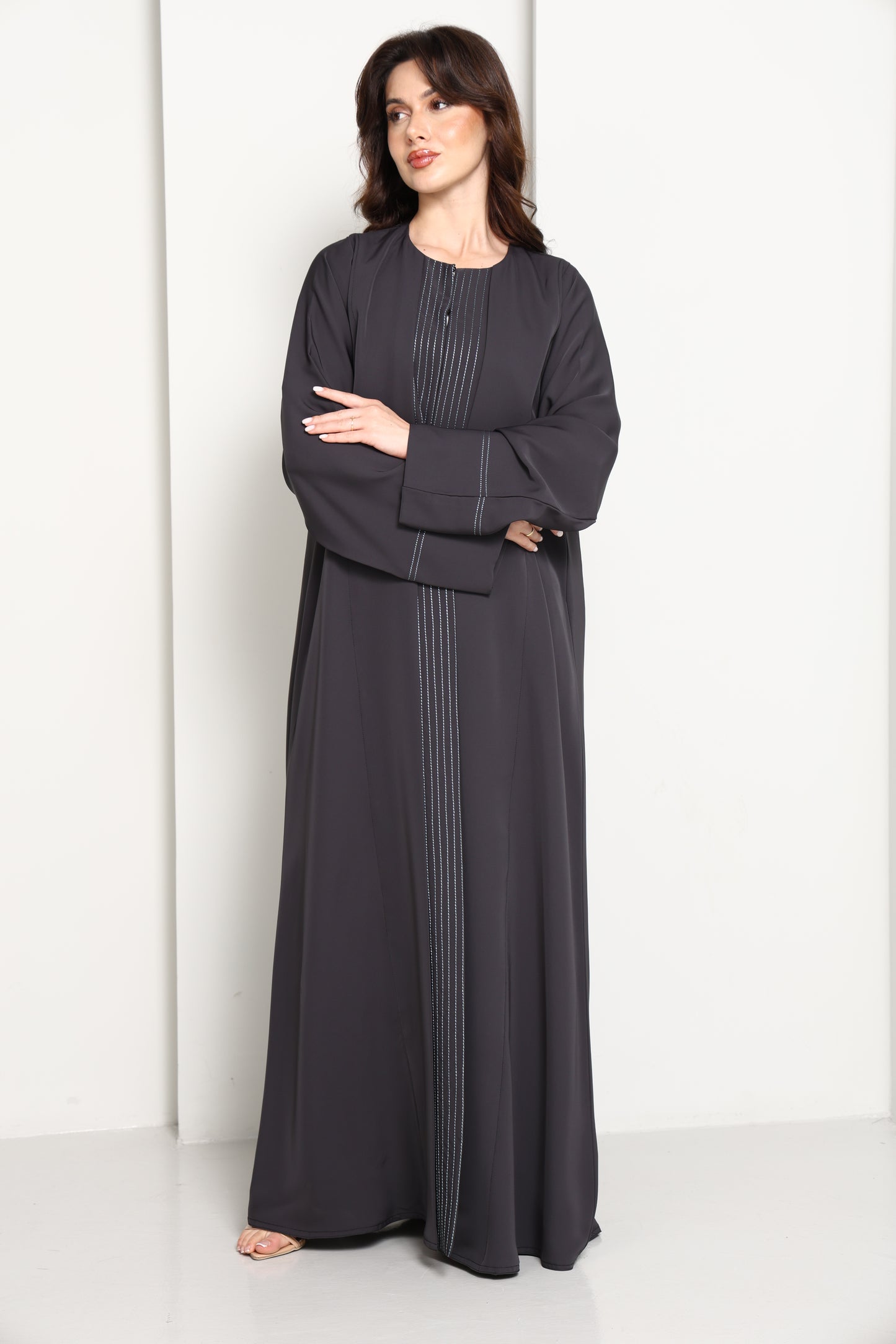 Charcoal Grey  Abaya with Vertical Contrast Stitch Panel