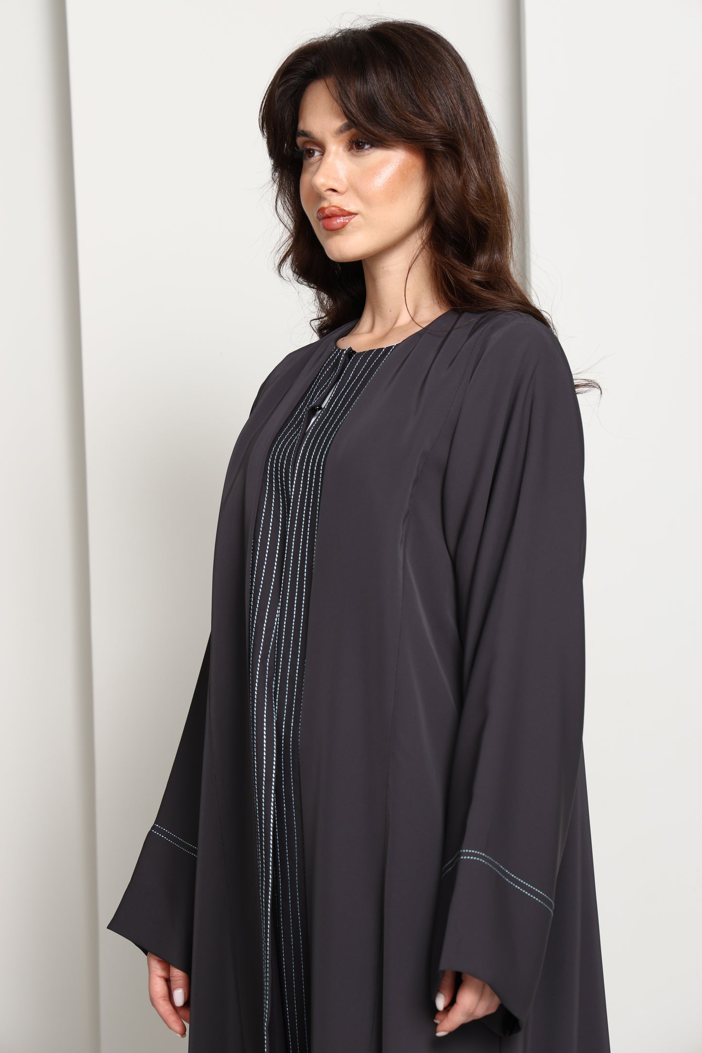 Charcoal Grey  Abaya with Vertical Contrast Stitch Panel