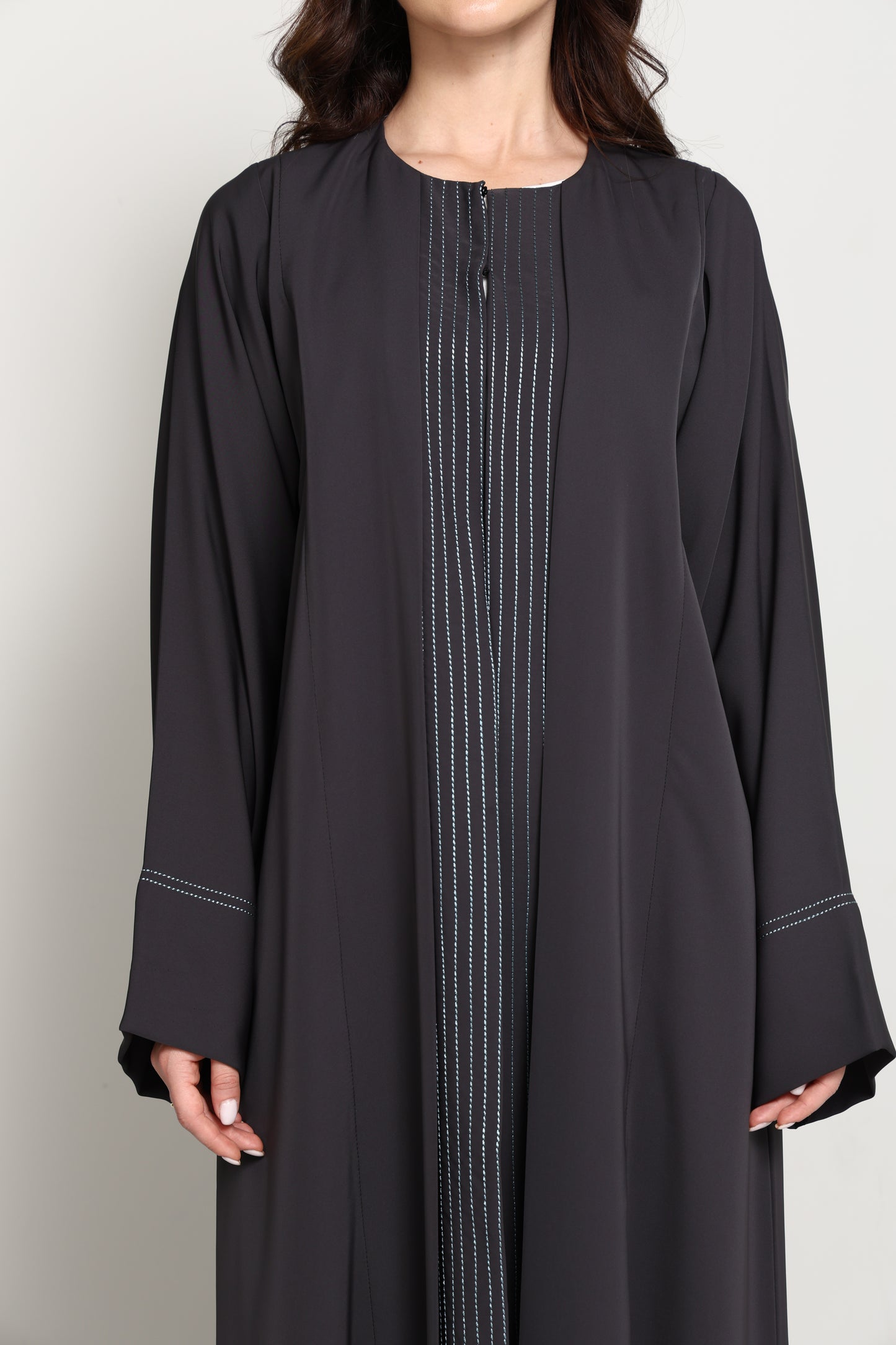 Charcoal Grey  Abaya with Vertical Contrast Stitch Panel
