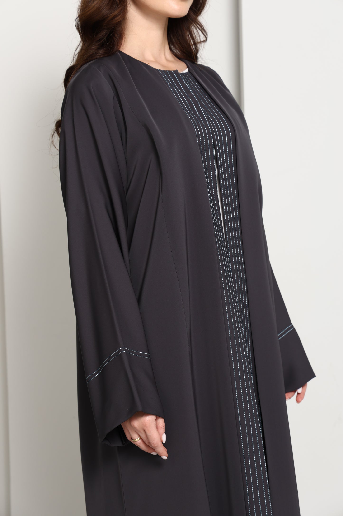Charcoal Grey  Abaya with Vertical Contrast Stitch Panel