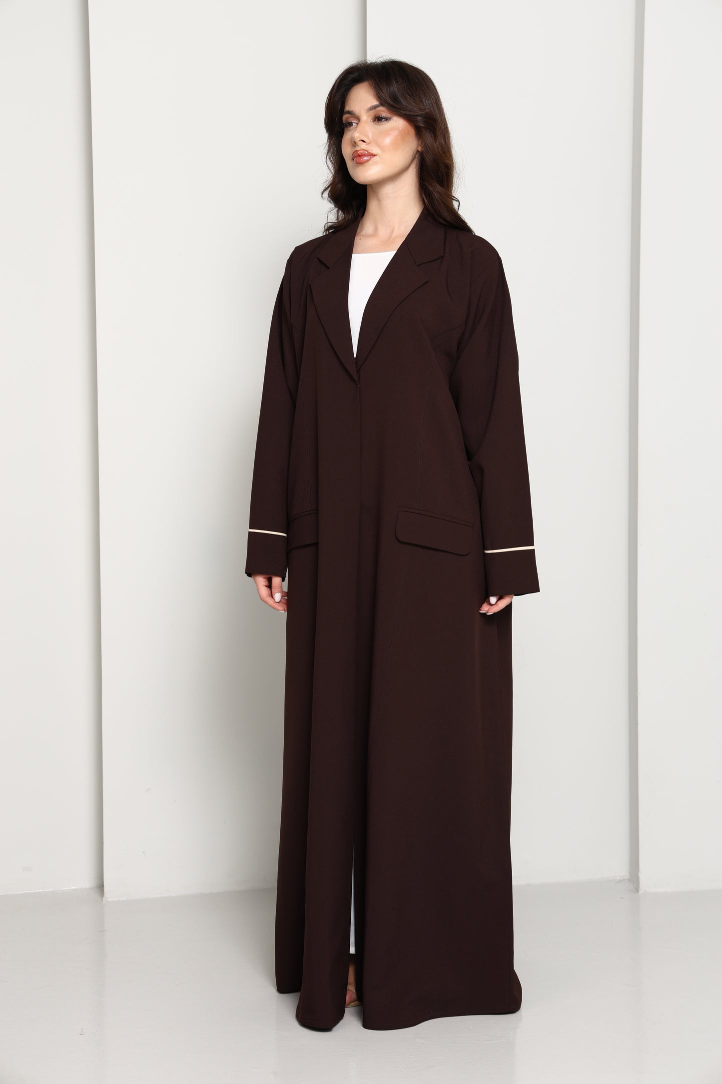 Dark Chocolate Blazer-Style Abaya I Open Front  Abaya with Lapel Collar, Pockets & Piping Cuffs