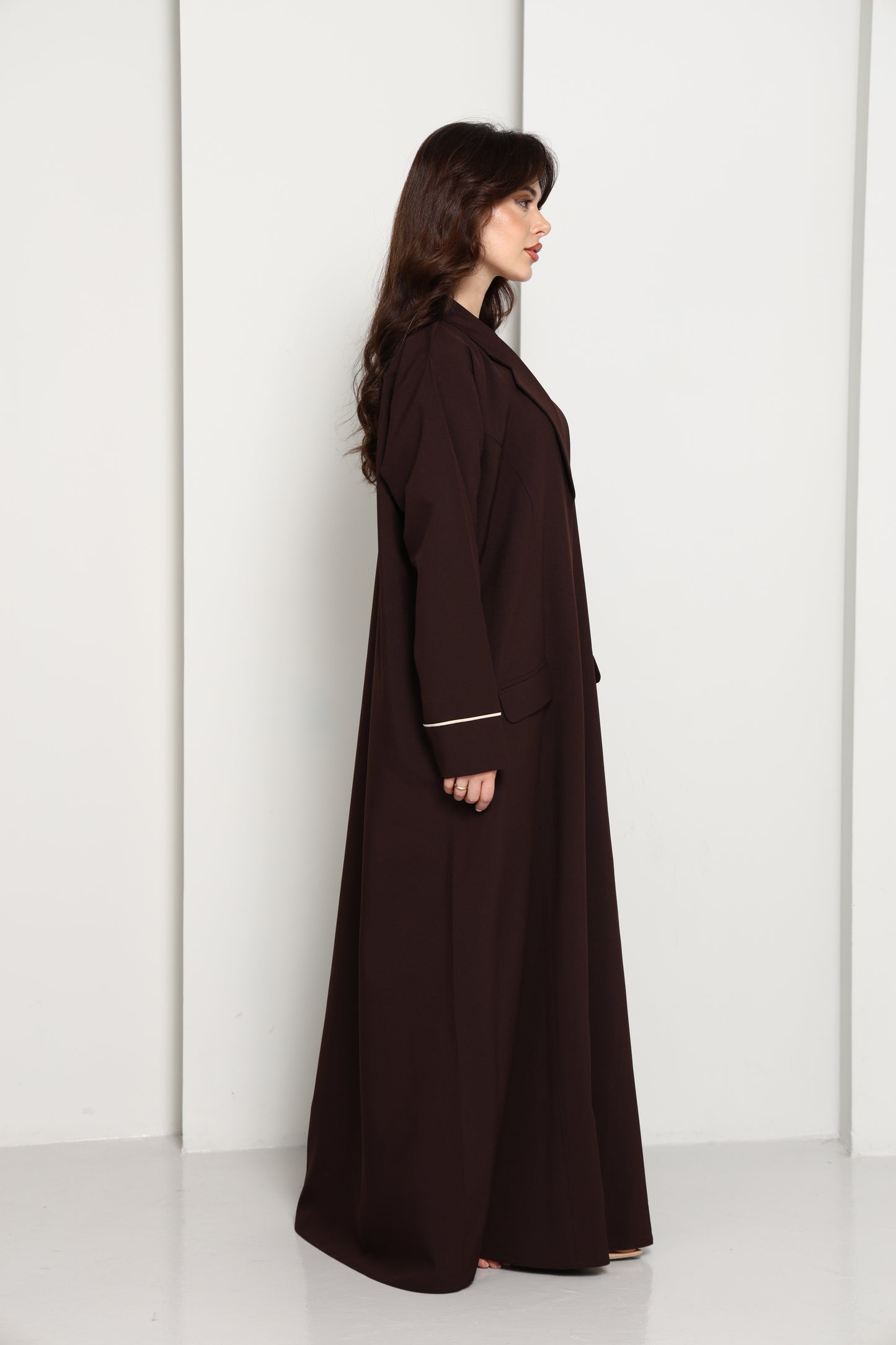 Dark Chocolate Blazer-Style Abaya I Open Front  Abaya with Lapel Collar, Pockets & Piping Cuffs