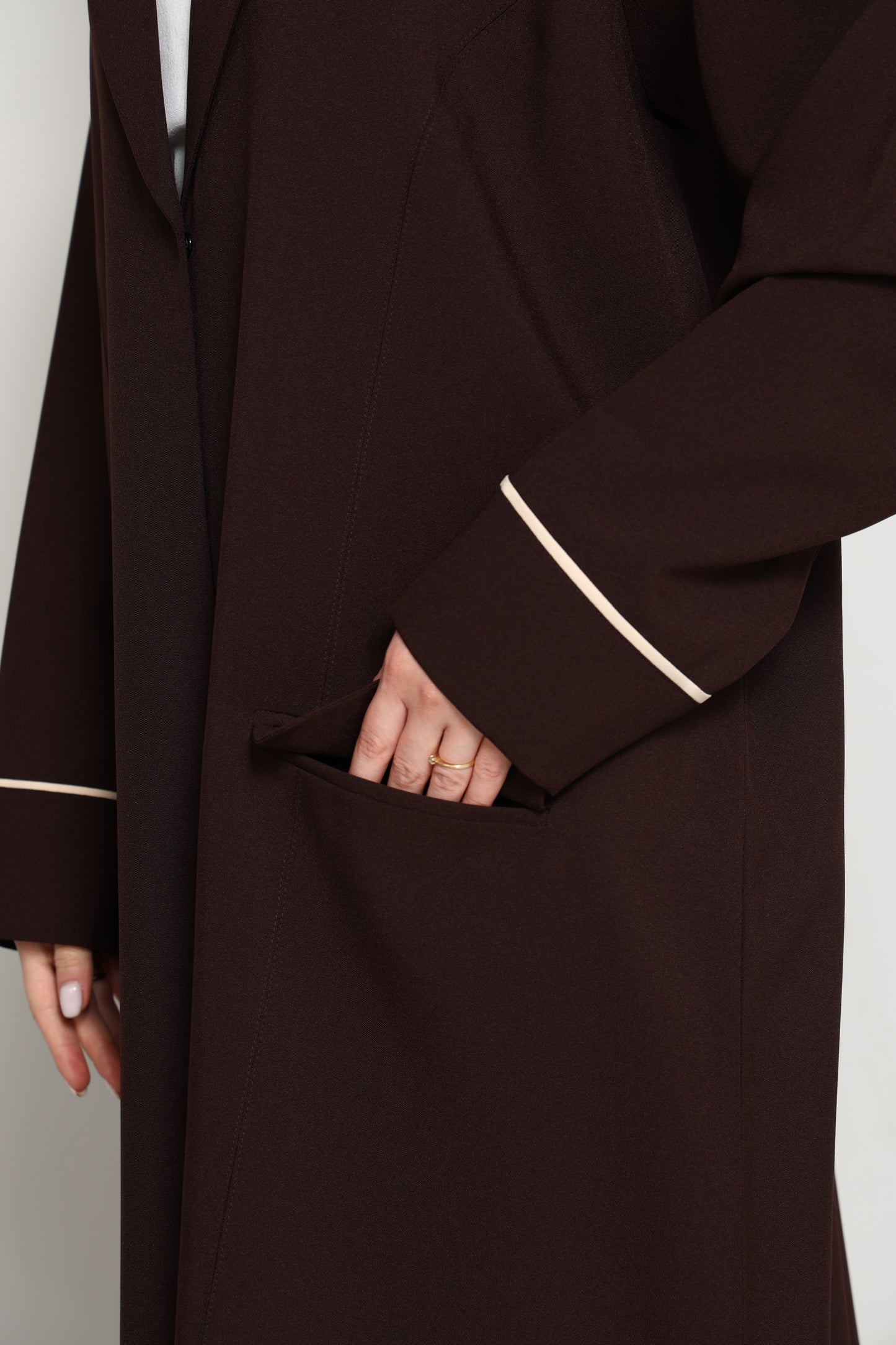 Dark Chocolate Blazer-Style Abaya I Open Front  Abaya with Lapel Collar, Pockets & Piping Cuffs