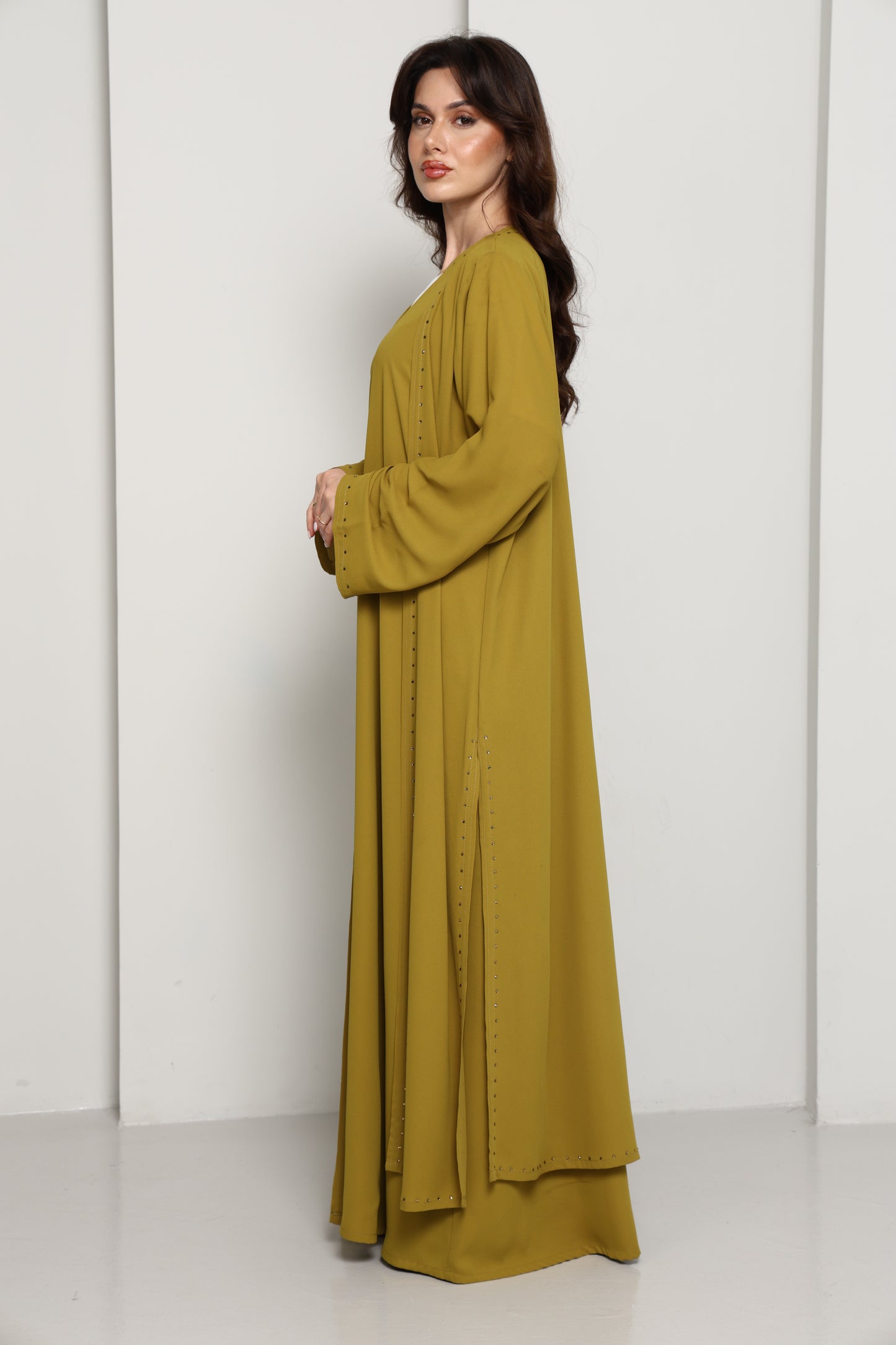 Olive Mustard Open Abaya with Subtle Stud Embellishment