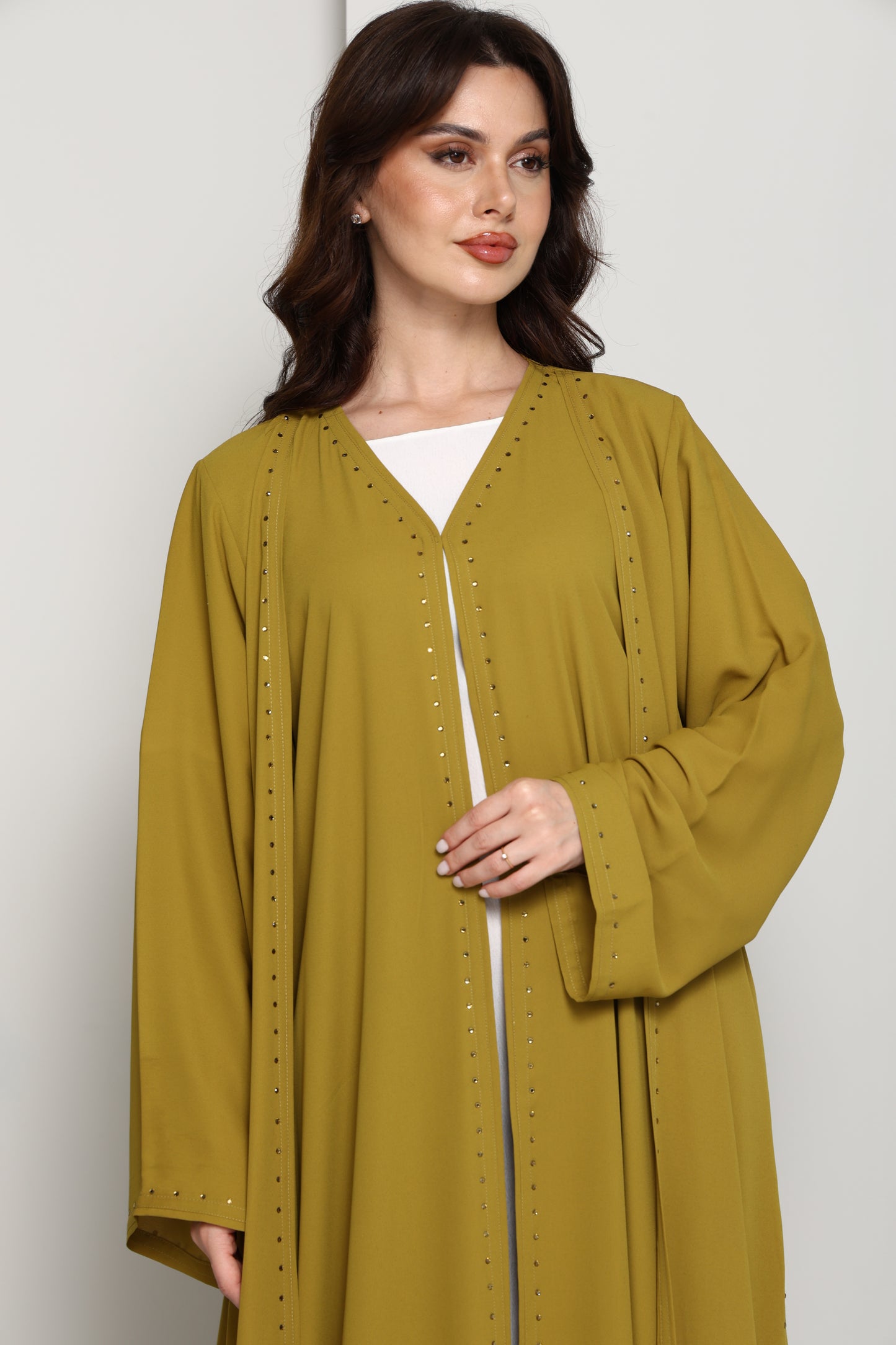 Olive Mustard Open Abaya with Subtle Stud Embellishment