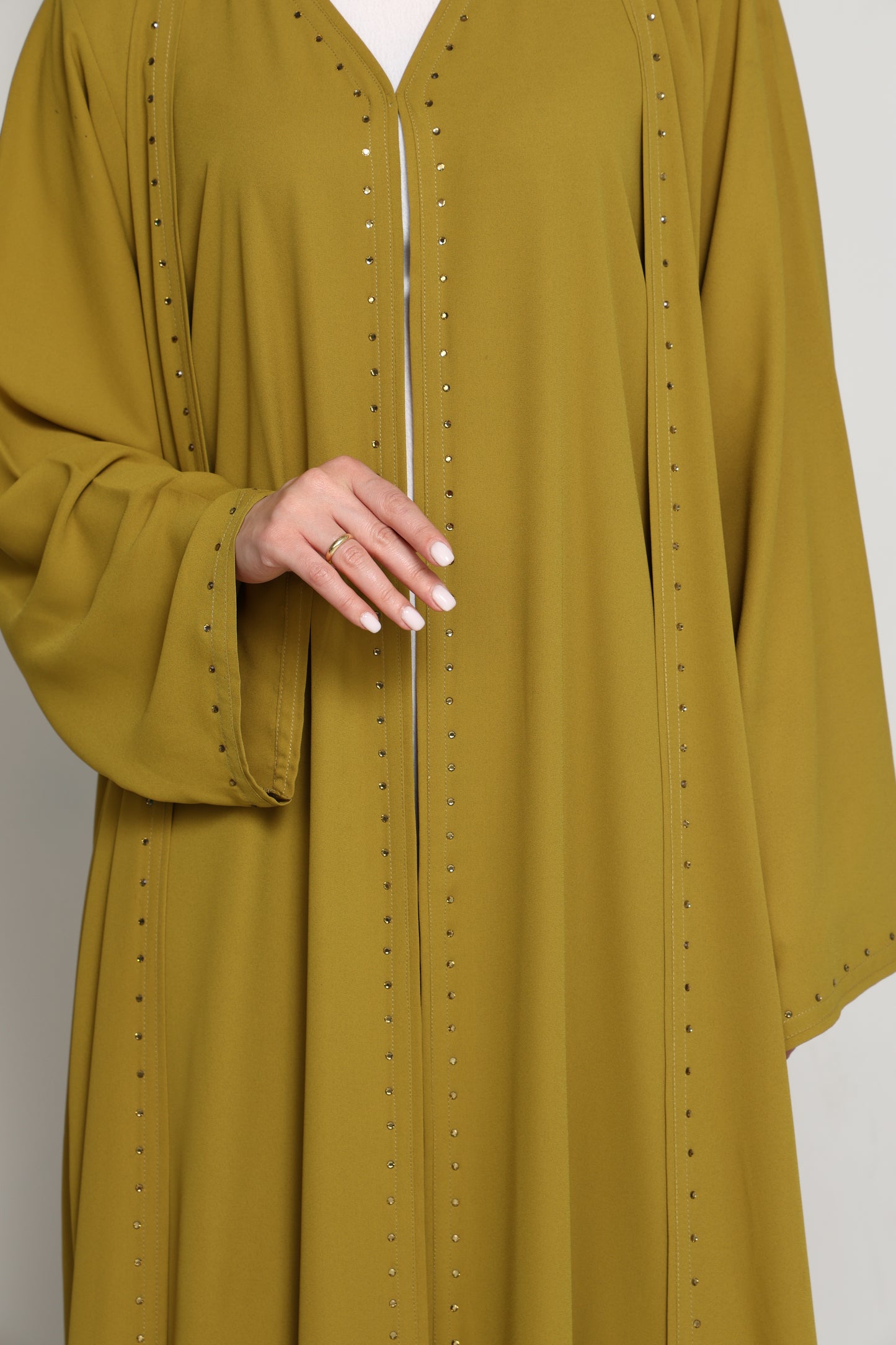 Olive Mustard Open Abaya with Subtle Stud Embellishment