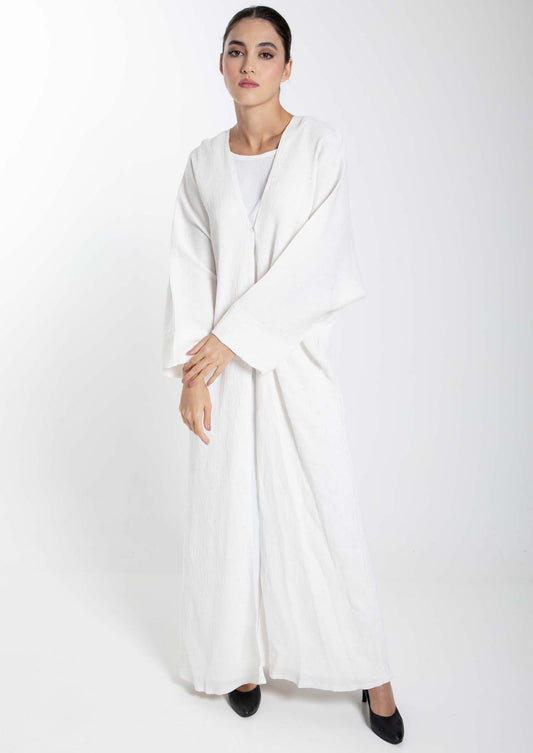 Soft White Linen Pleated Shimmer Abaya