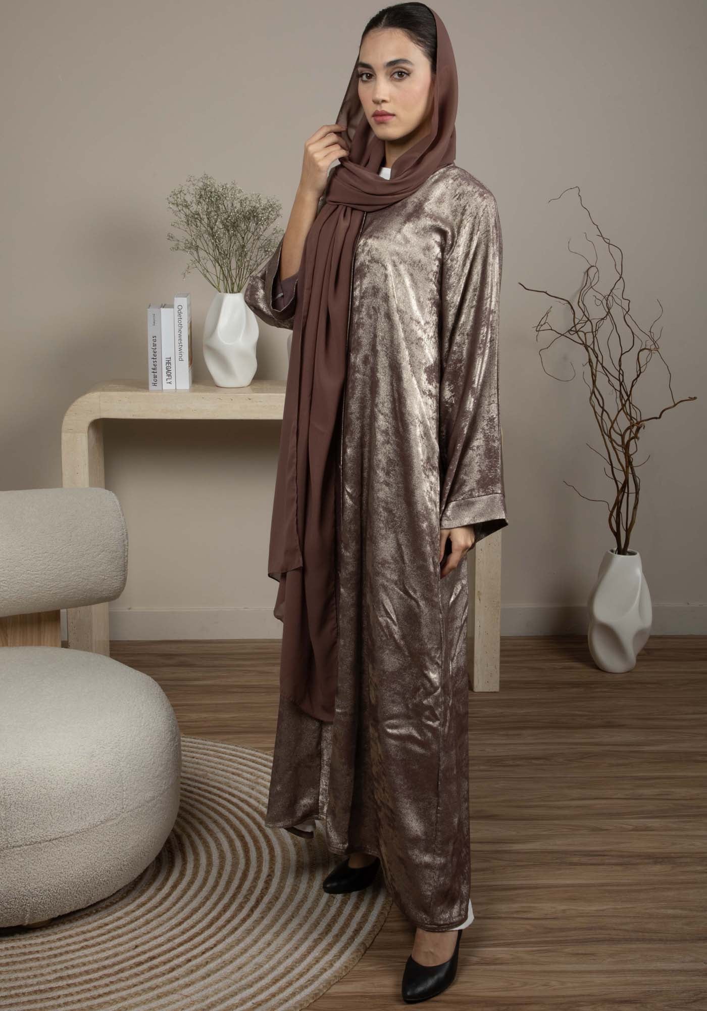 Front Open Double Shade Brown Silk Abaya