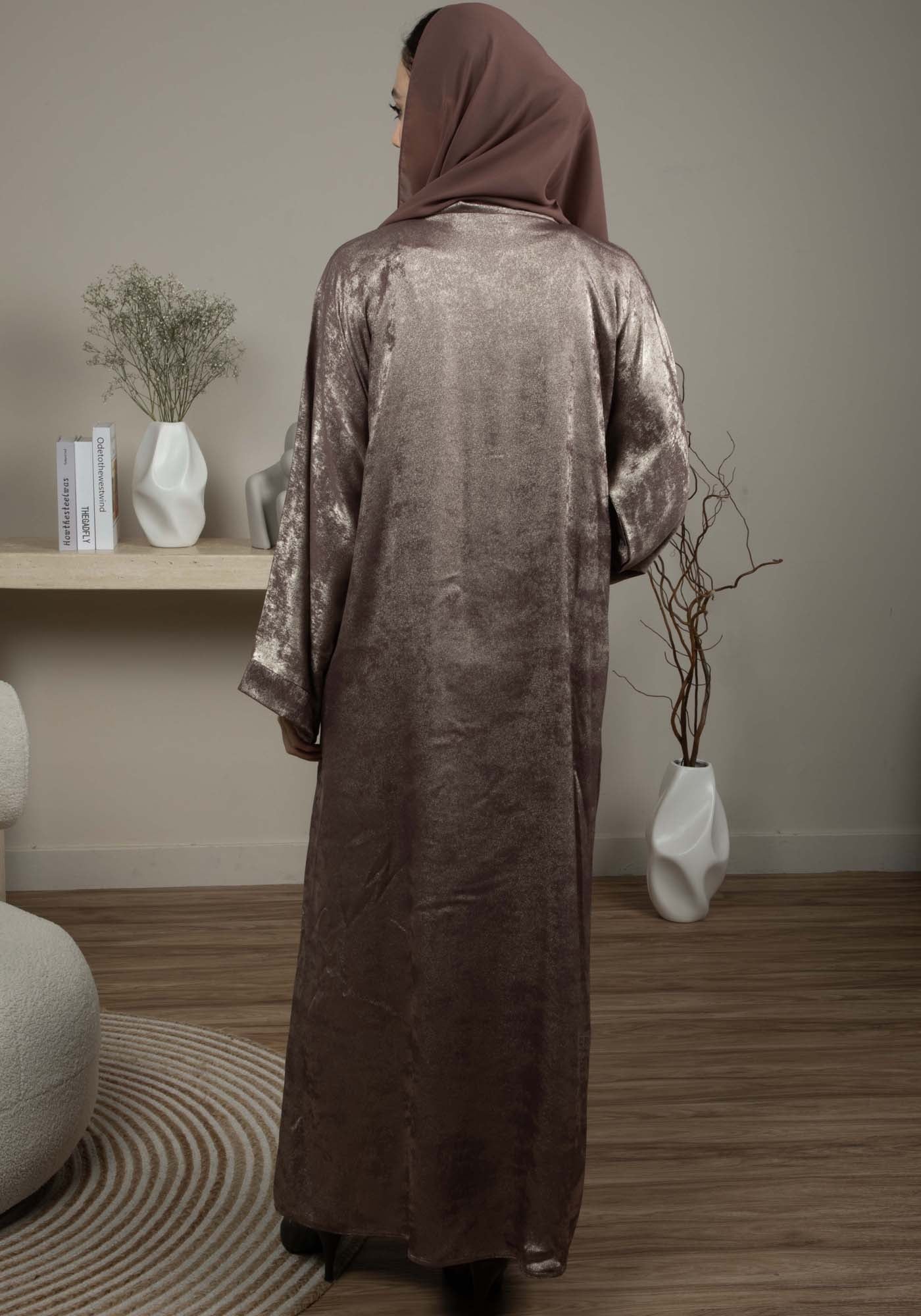 Front Open Double Shade Brown Silk Abaya