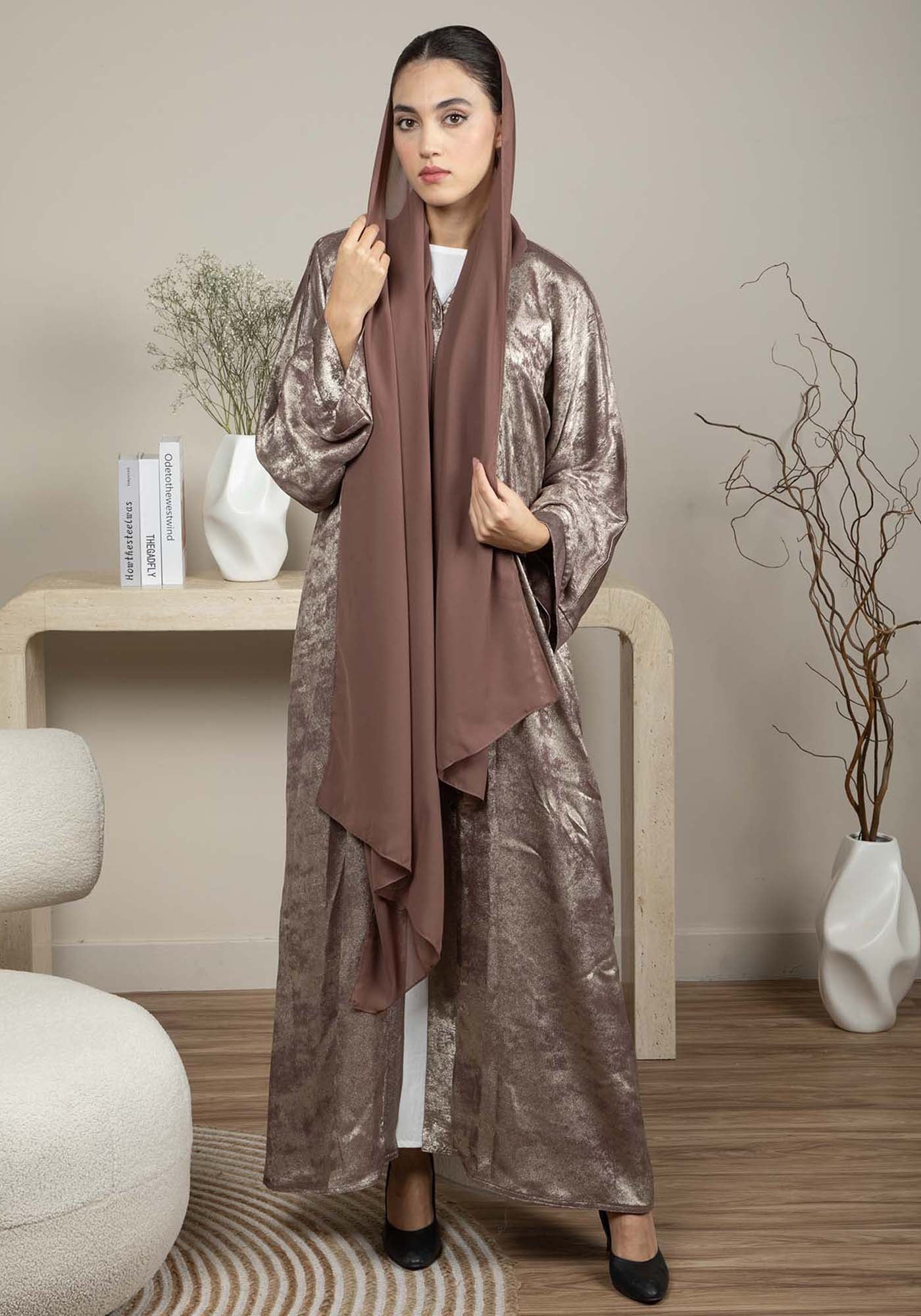 Front Open Double Shade Brown Silk Abaya