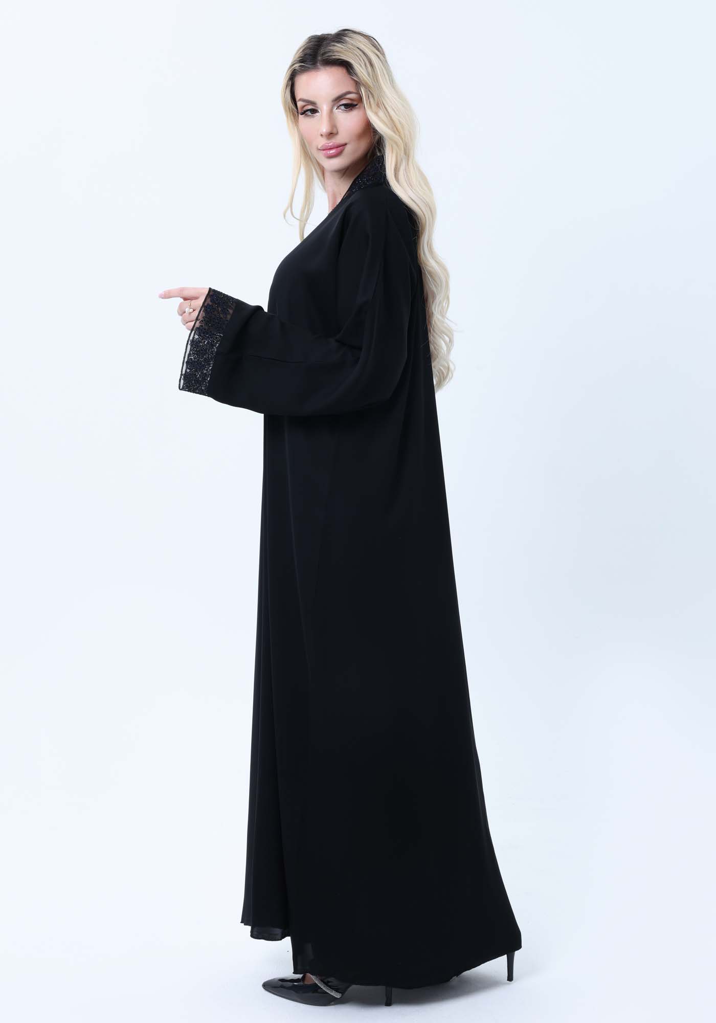 Black Abaya with Blue & Black Lace Detailing With Headscarf