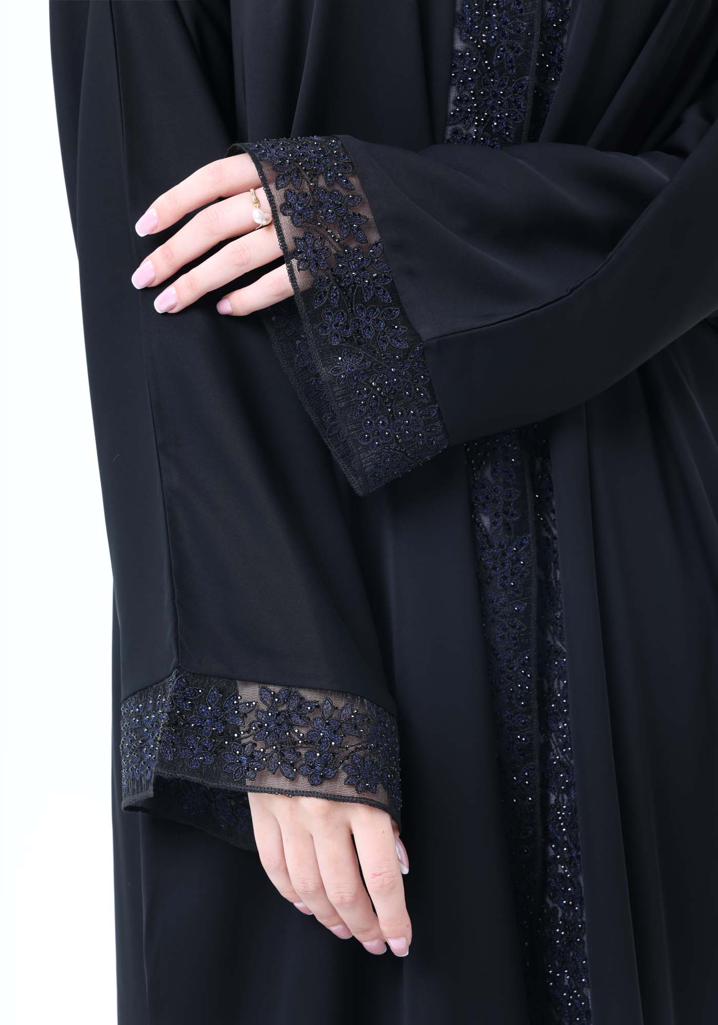Black Abaya with Blue & Black Lace Detailing With Headscarf