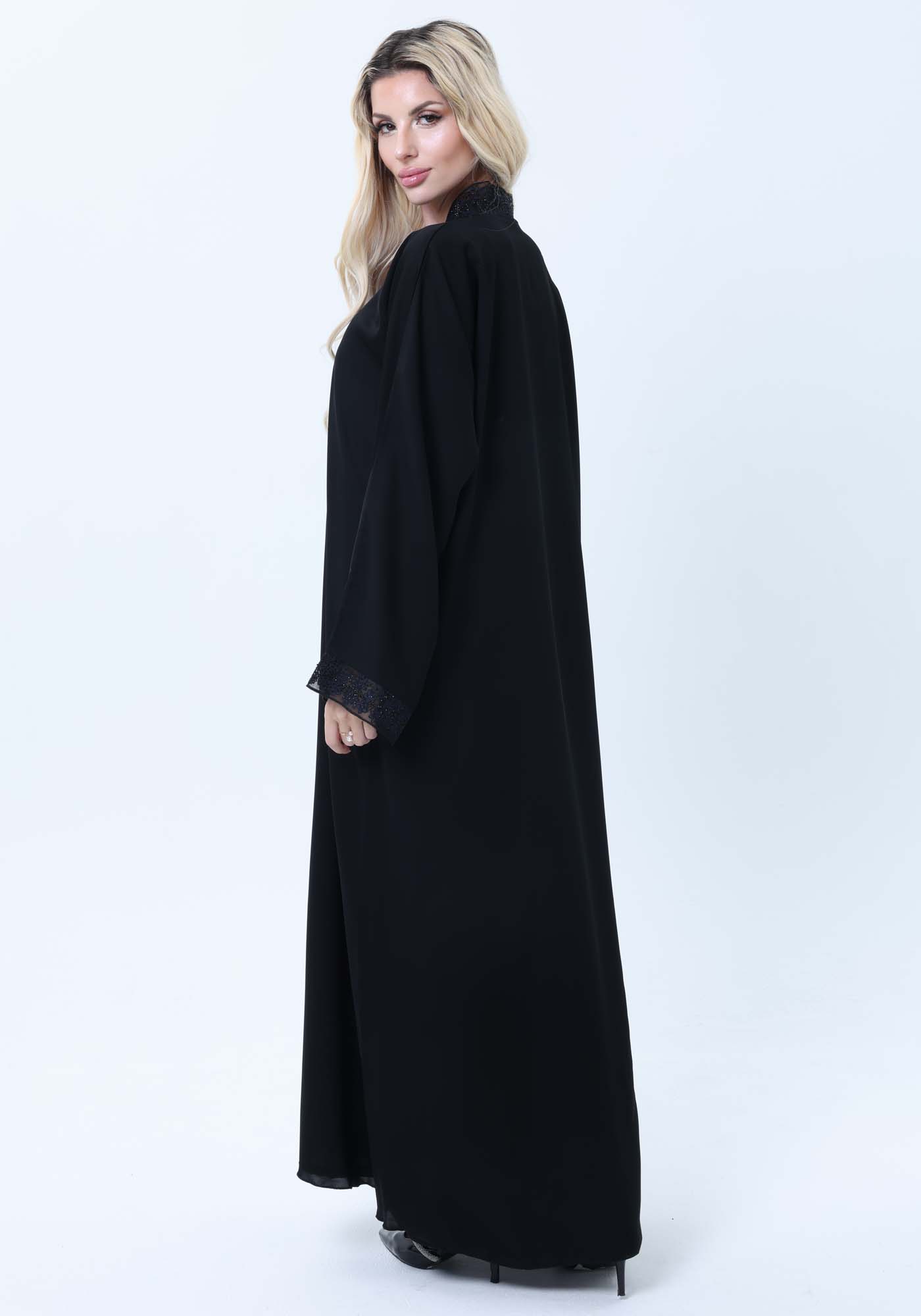 Black Abaya with Blue & Black Lace Detailing With Headscarf