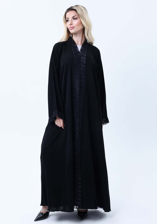 Black Abaya with Blue & Black Lace Detailing With Headscarf