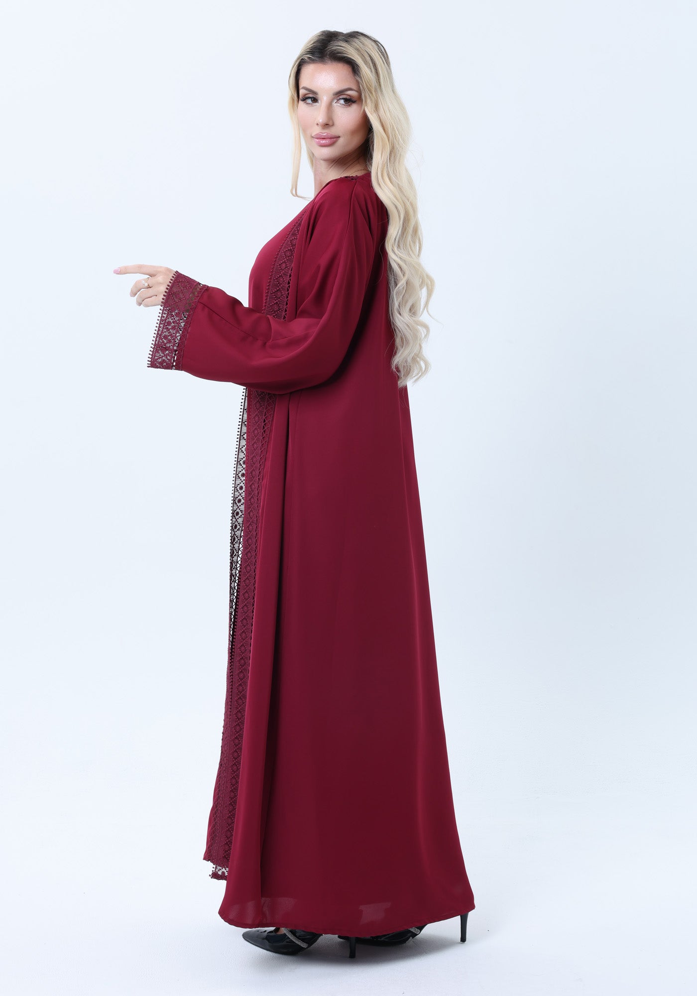 3-Piece Maroon Abaya Set with Intricate Lace Detailing & Matching Headscarf