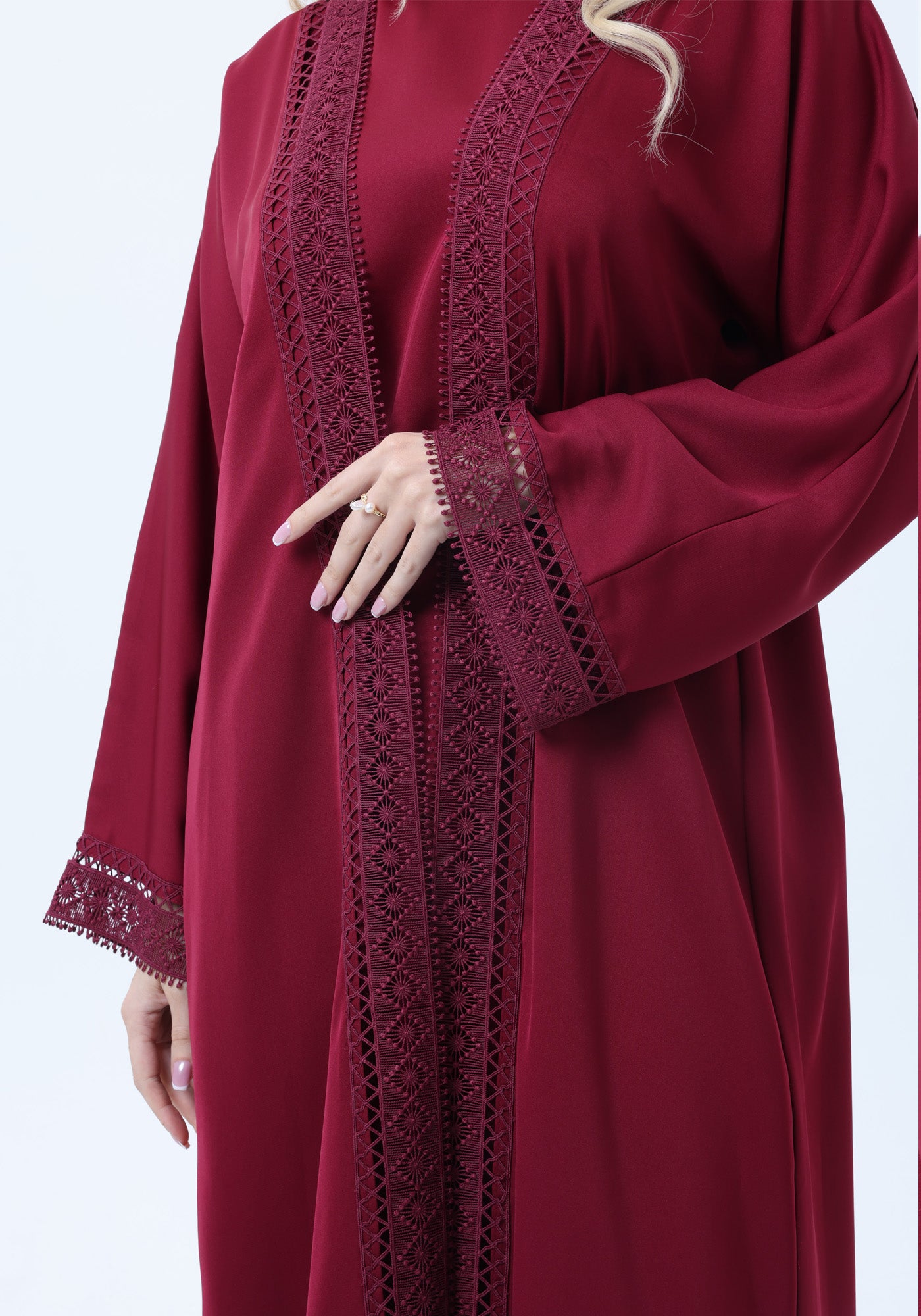 3-Piece Maroon Abaya Set with Intricate Lace Detailing & Matching Headscarf