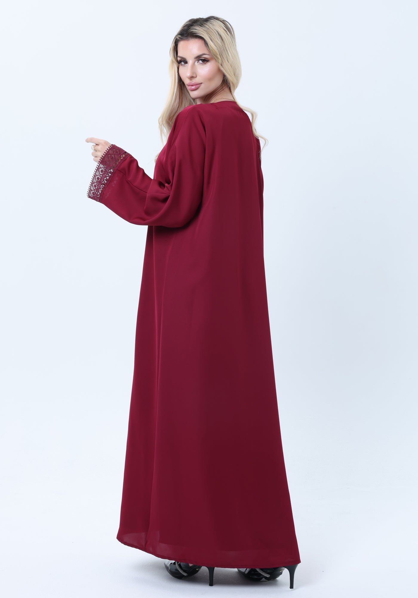 3-Piece Maroon Abaya Set with Intricate Lace Detailing & Matching Headscarf